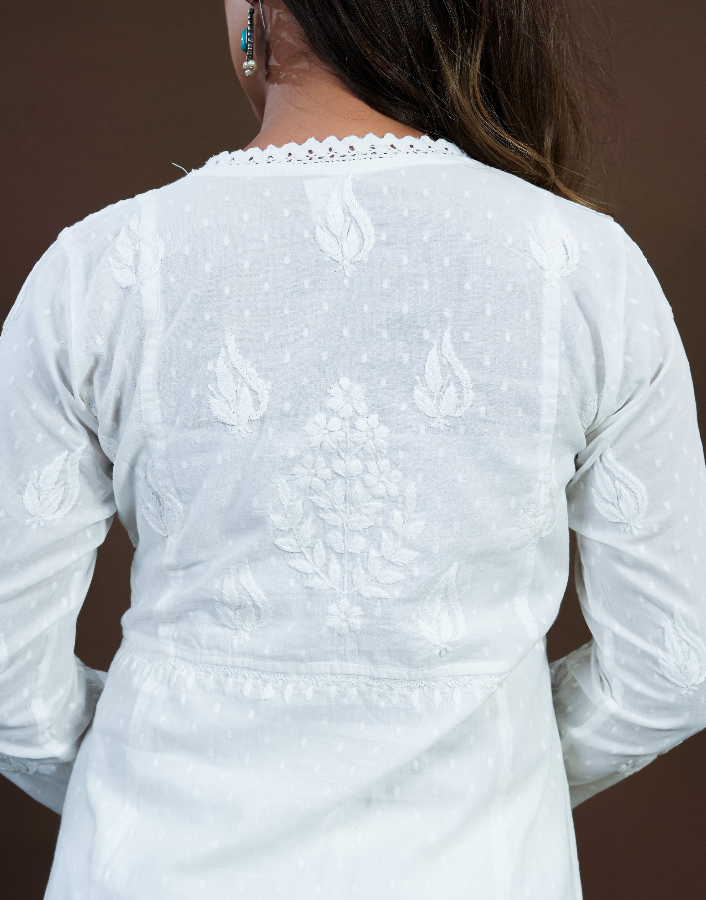 Urviya Chikankari Dobbie Cotton Long Kurti Angarkha Style White