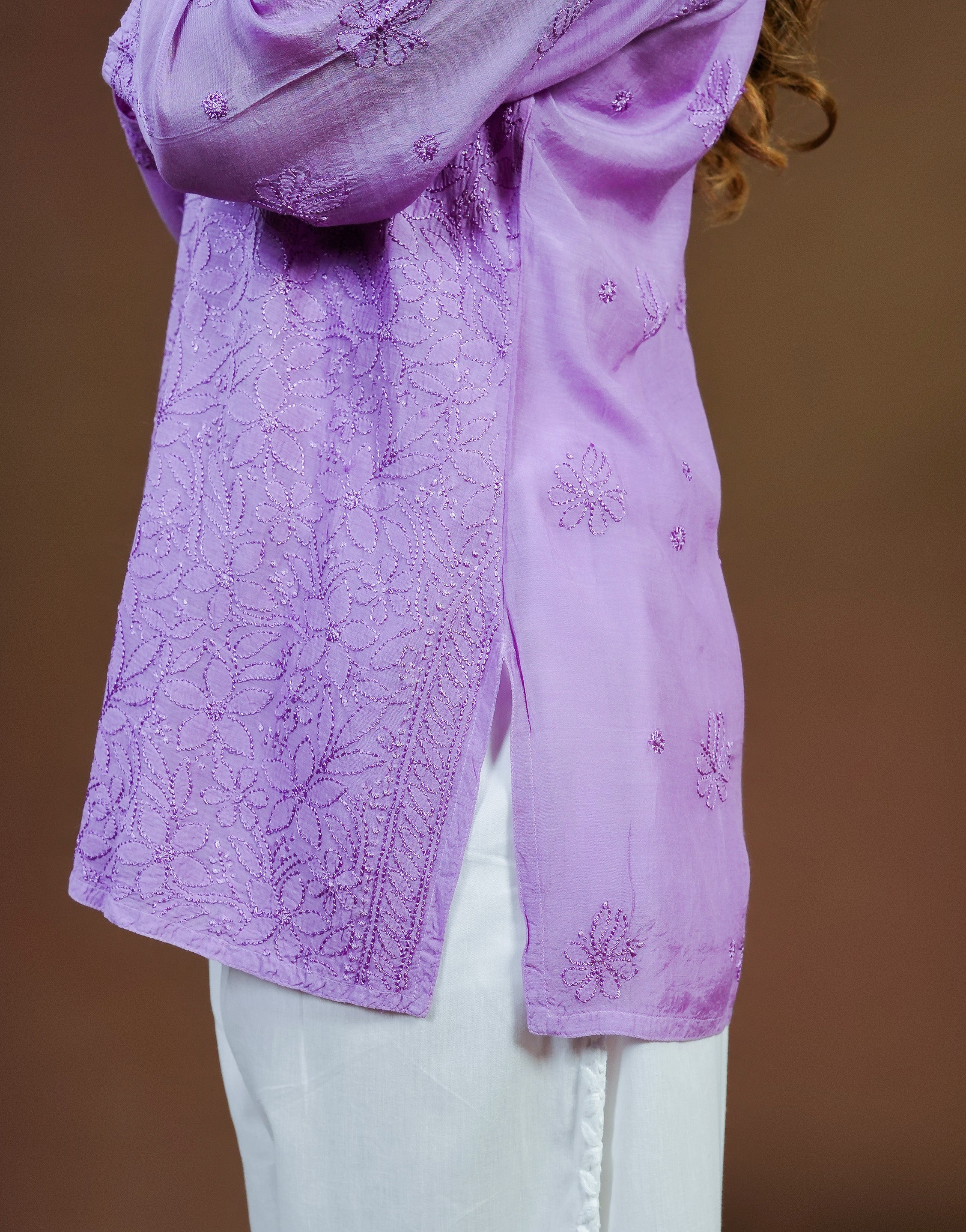 Purple Muslin Chikankari Short Kurti with Full Jaal Work