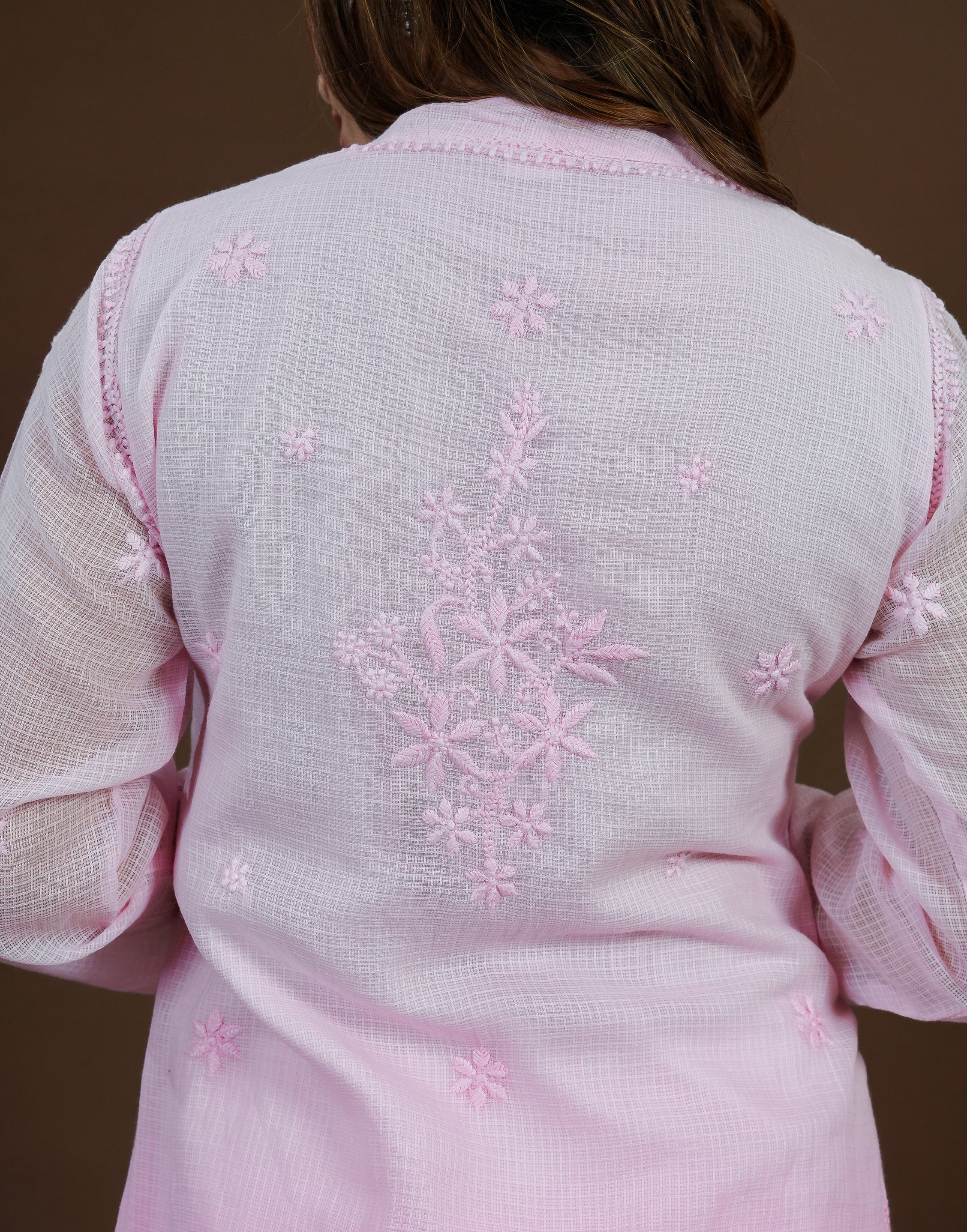 Urviya Pink Ombre Kota Doria Chikankari Long Kurti (Side Button Style)