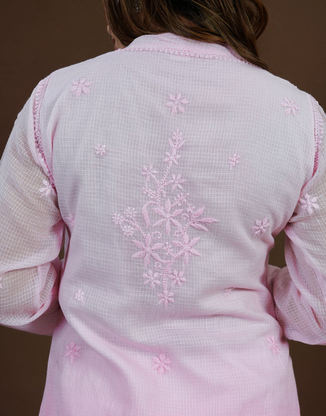 Urviya Chikankari Kota Doria Long Kurti - Side Button Pink Ombre