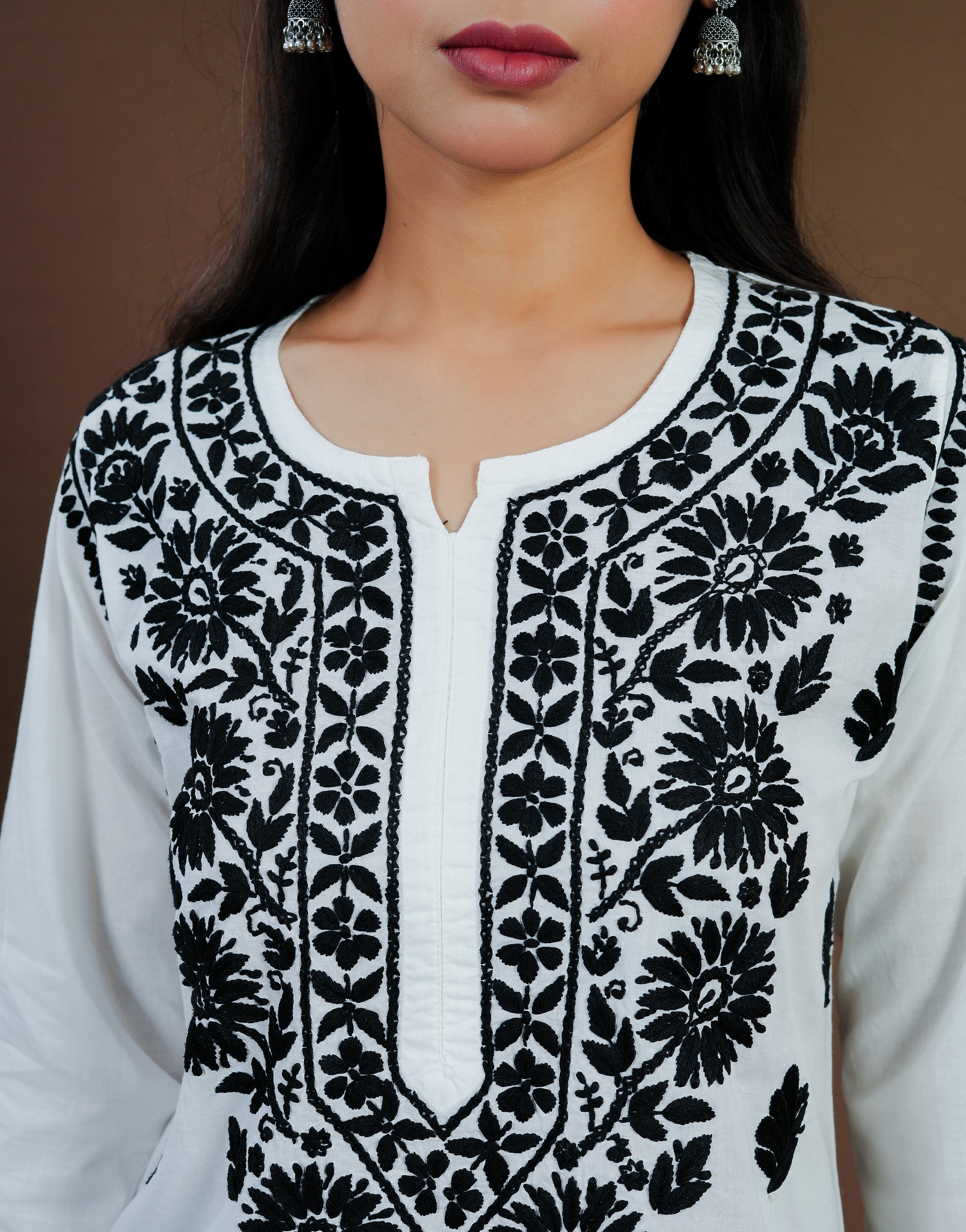 Urviya Chikankari Long Kurti Cambric Cotton - Black Thread on White
