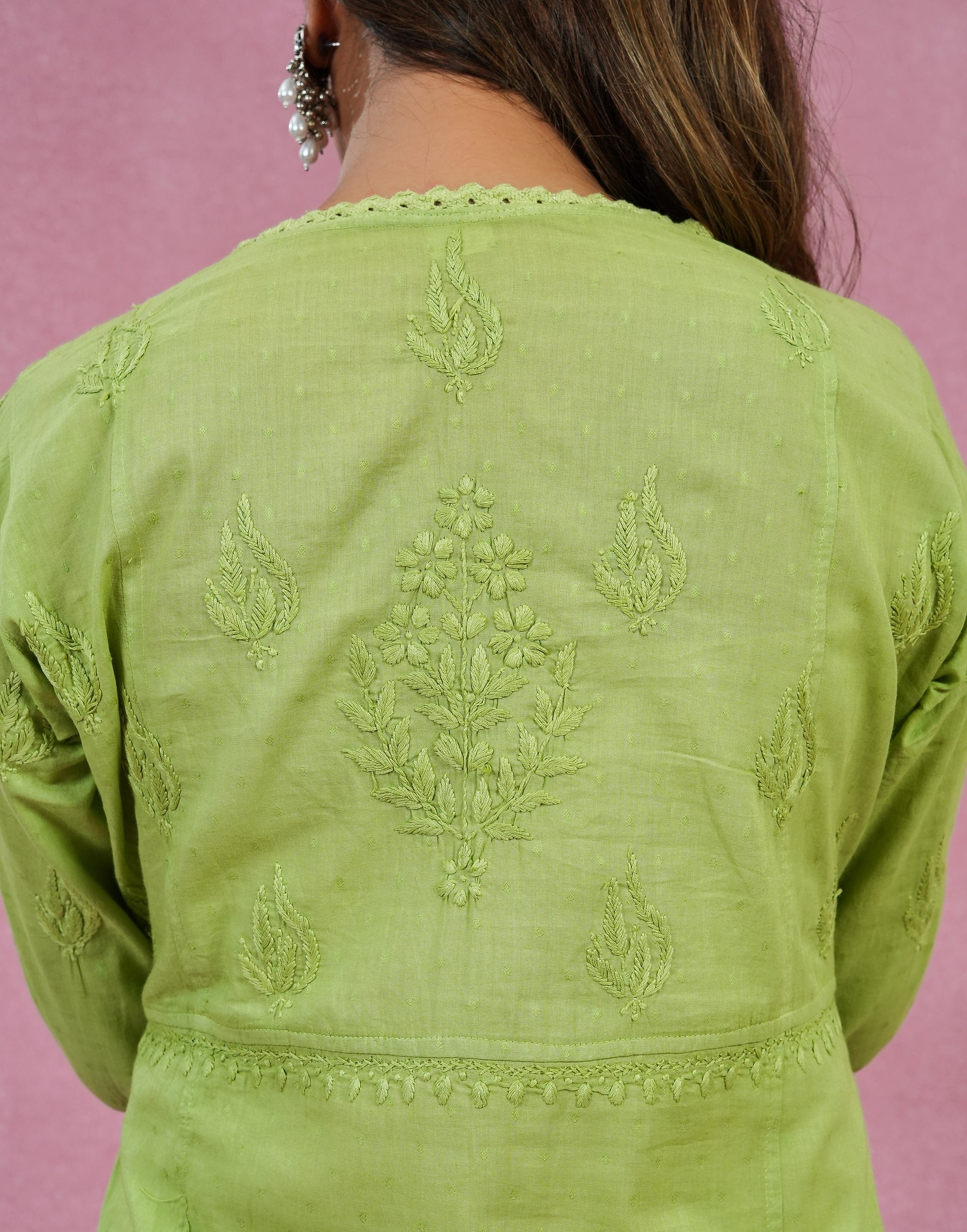 Urviya Chikankari Dobbie Cotton Long Kurti Angarkha Style Green