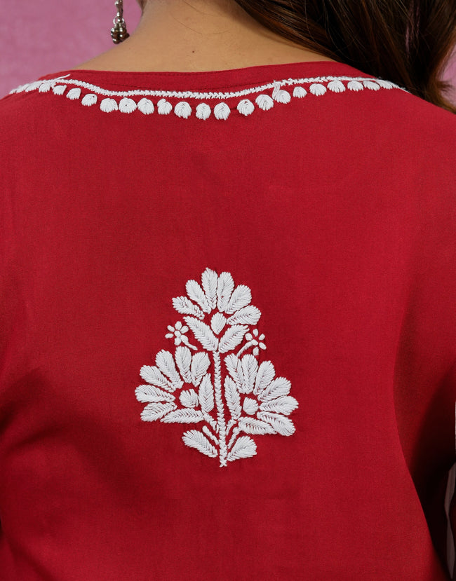 Urviya Chikankari Rayon Short Kurti Red
