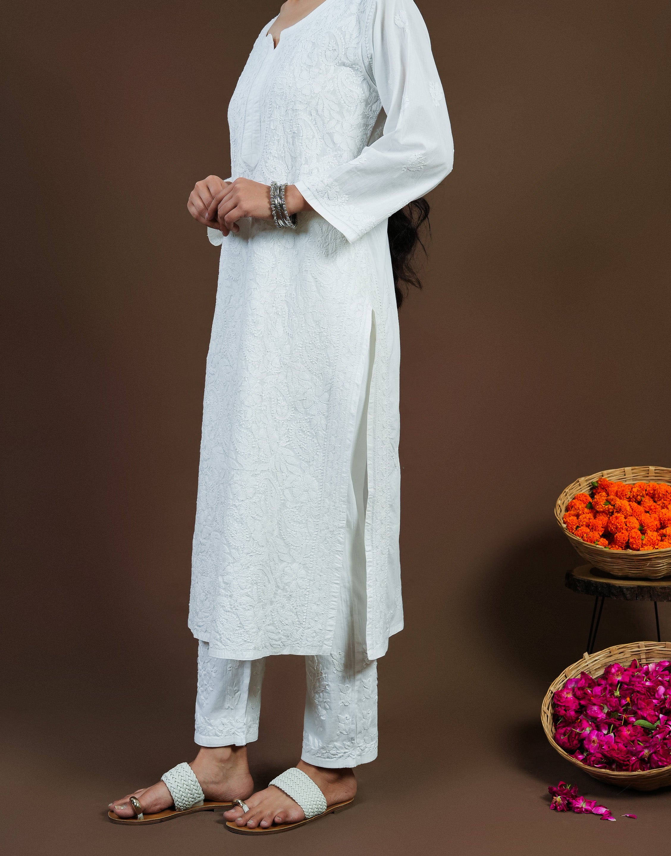 Urviya Chikankari Mul Cotton Long Kurti - Full Jaal White