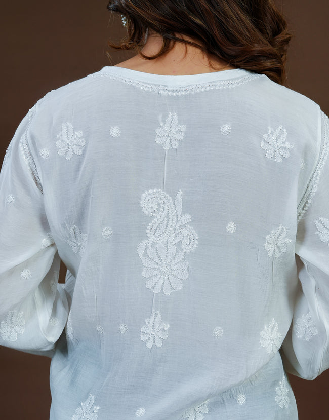 Urviya Chikankari Muslin Short Kurti - Silk Thread Full Jaal Work White