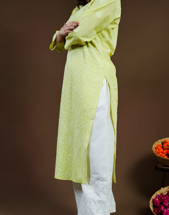 Urviya Chikankari Cotton Long Kurti Full Jaal Work Light Green