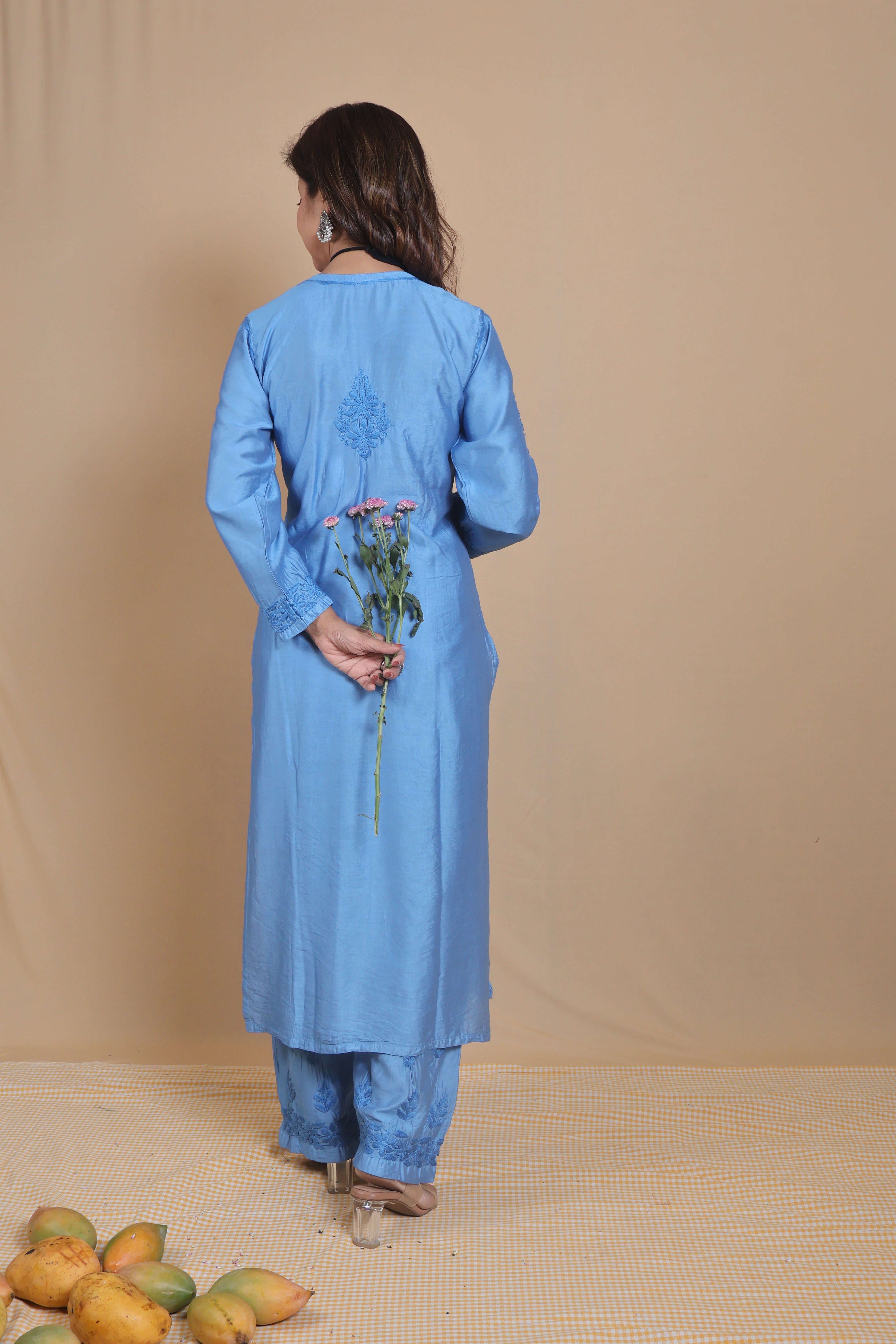 Blue Chanderi Ghaspatti 3 Piece Set