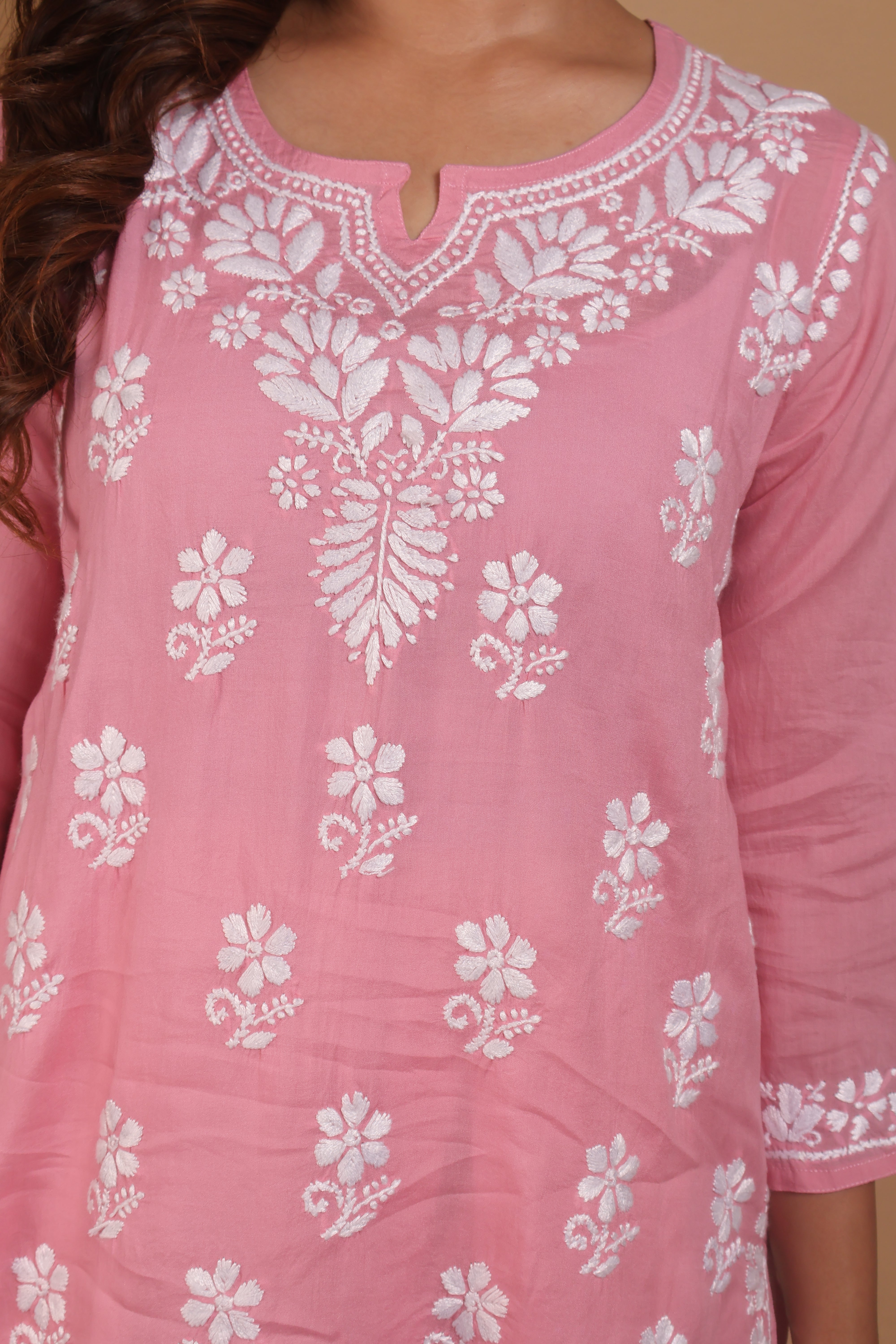 Peach Rayon Short Kurta Gala Boota 3 Piece Set