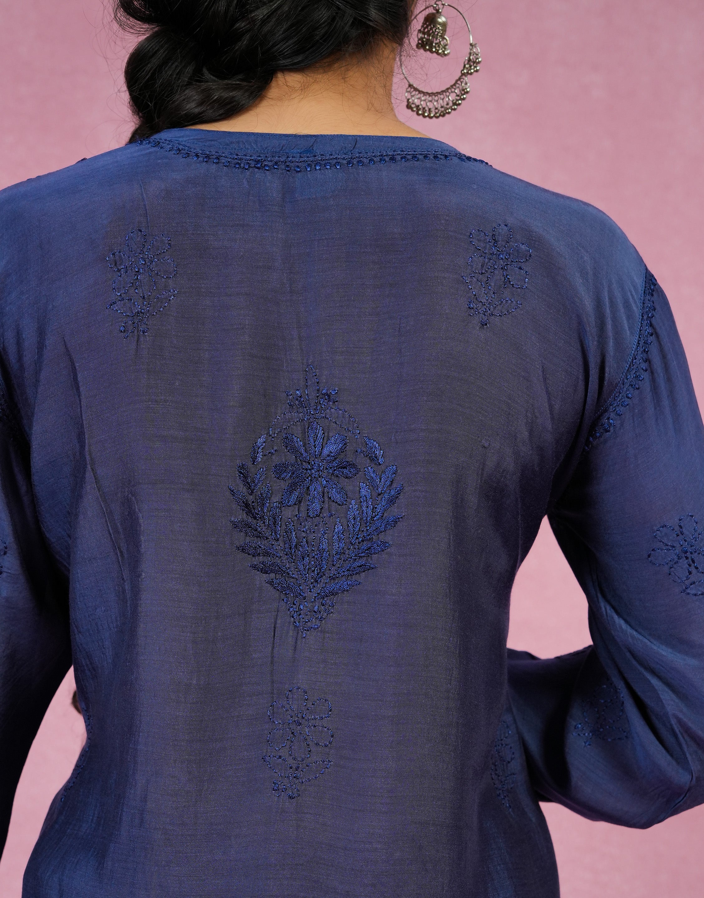 Urviya Chikankari Muslin 3 piece set - Bakhiya Ghaaspatti Work and Gala Boota Dark Blue