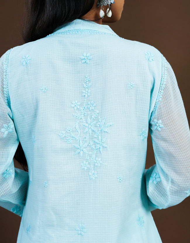 Urviya Chikankari Kota Doria Long Kurti - Side Button Blue