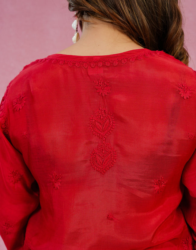 Urviya  Chikankari Muslin Short Kurti – Daraj Work Red