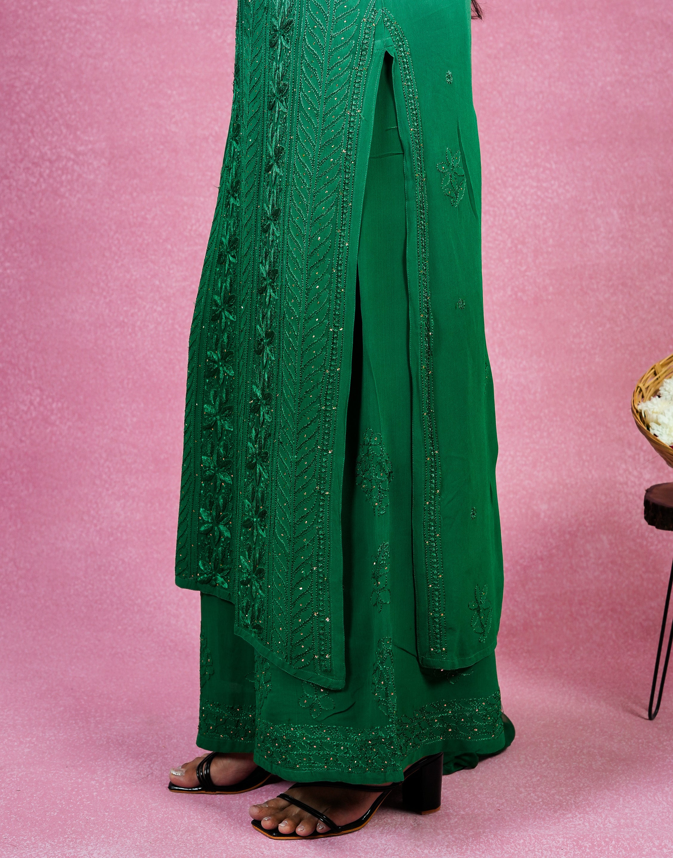 Urviya Chikankari Georgette 3 Piece set with Mukaish Work Green