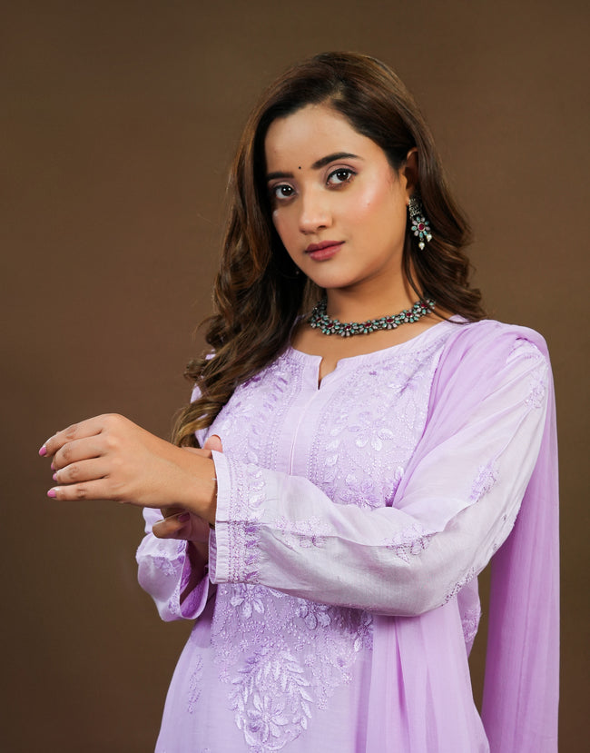 Urviya Chikankari Muslin 3 piece set - Bakhiya Ghaaspatti Work and Gala Boota Brick Red