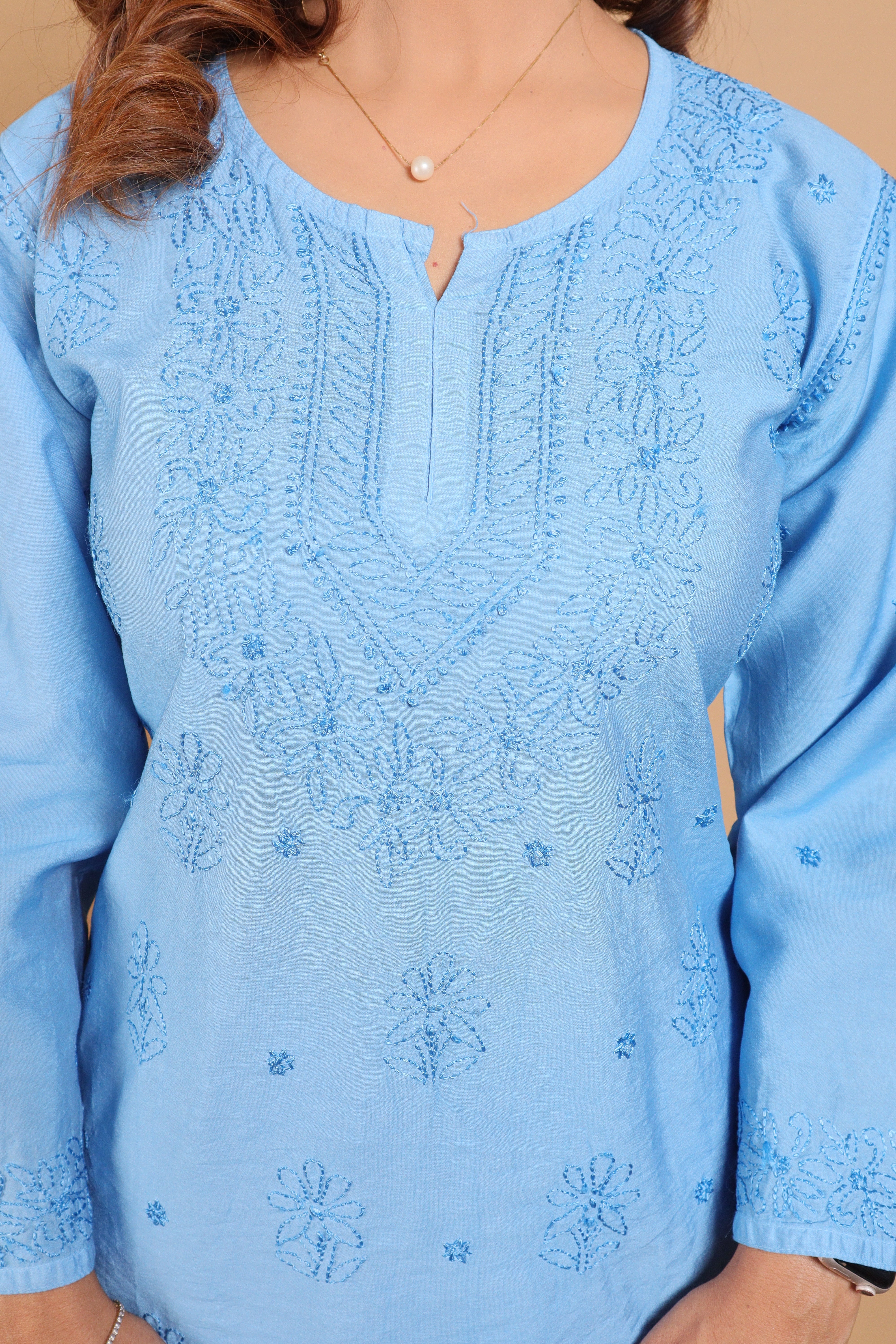Blue Chanderi Short Kurti 2 Piece Set