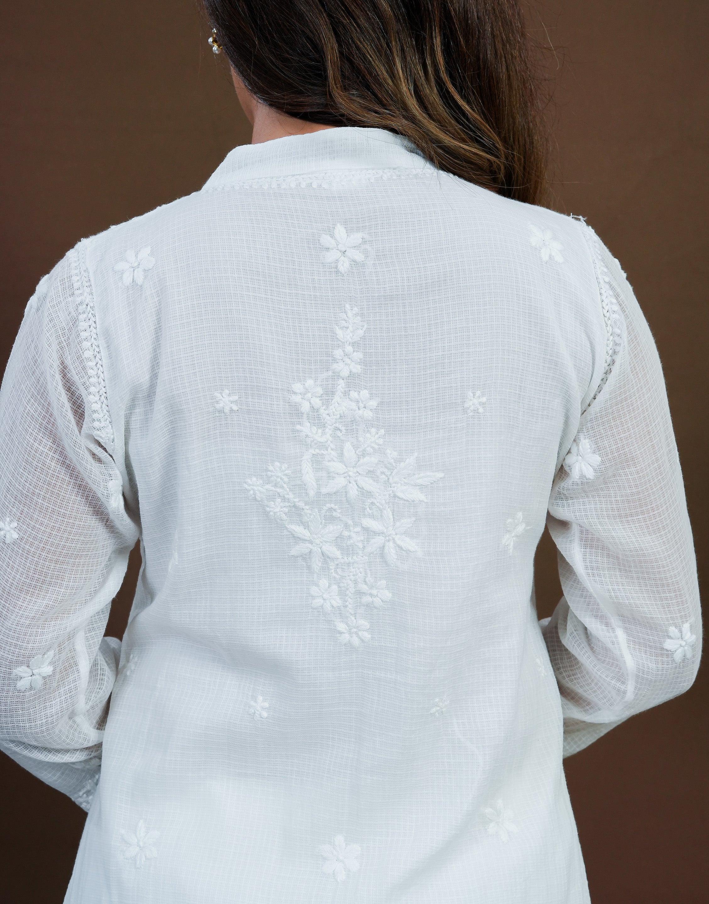 Urviya Chikankari Kota Doria Long Kurti - Side Button White