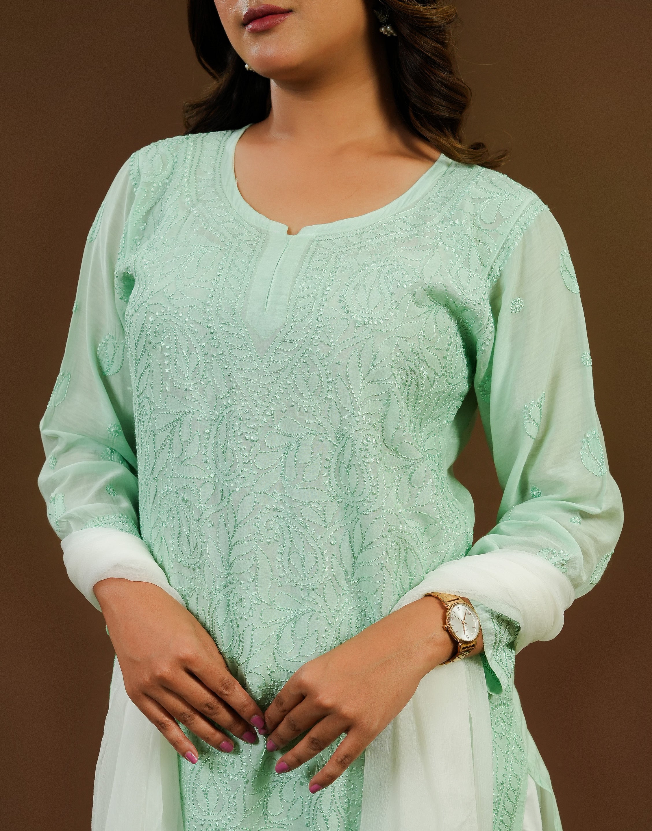 Sea Blue Muslin Chikankari Short Kurti with Full Jaal Work