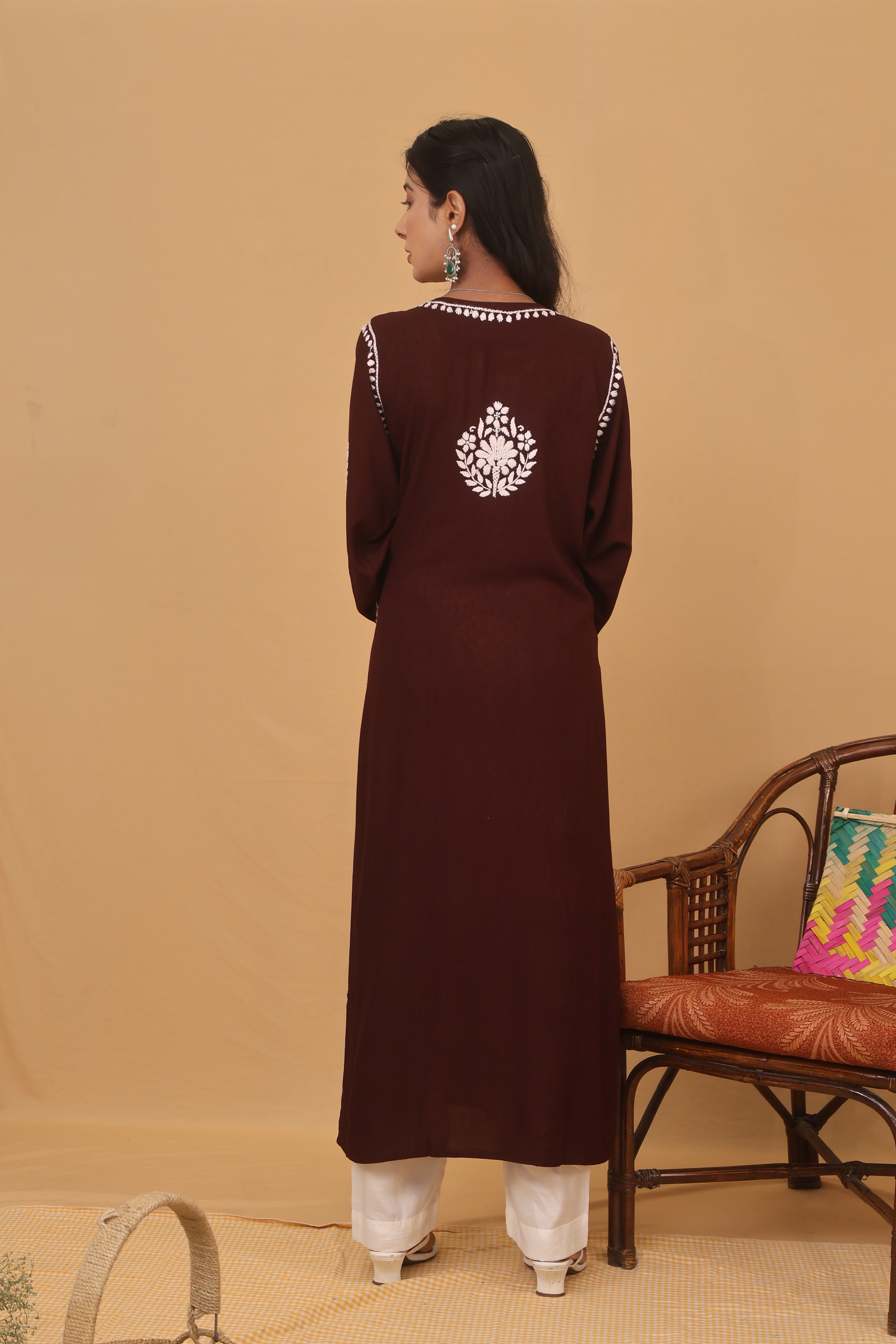 Brown Rayon White Long Kurti