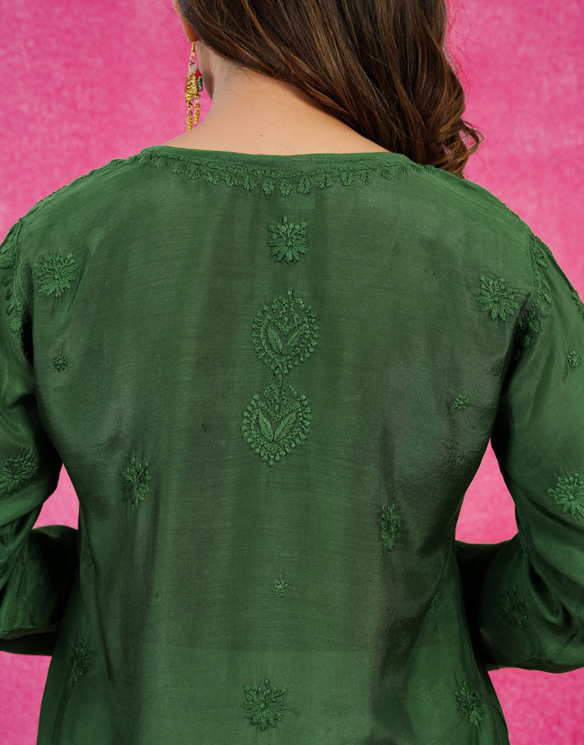 Urviya  Chikankari Muslin Short Kurti – Daraj Work Dark Green