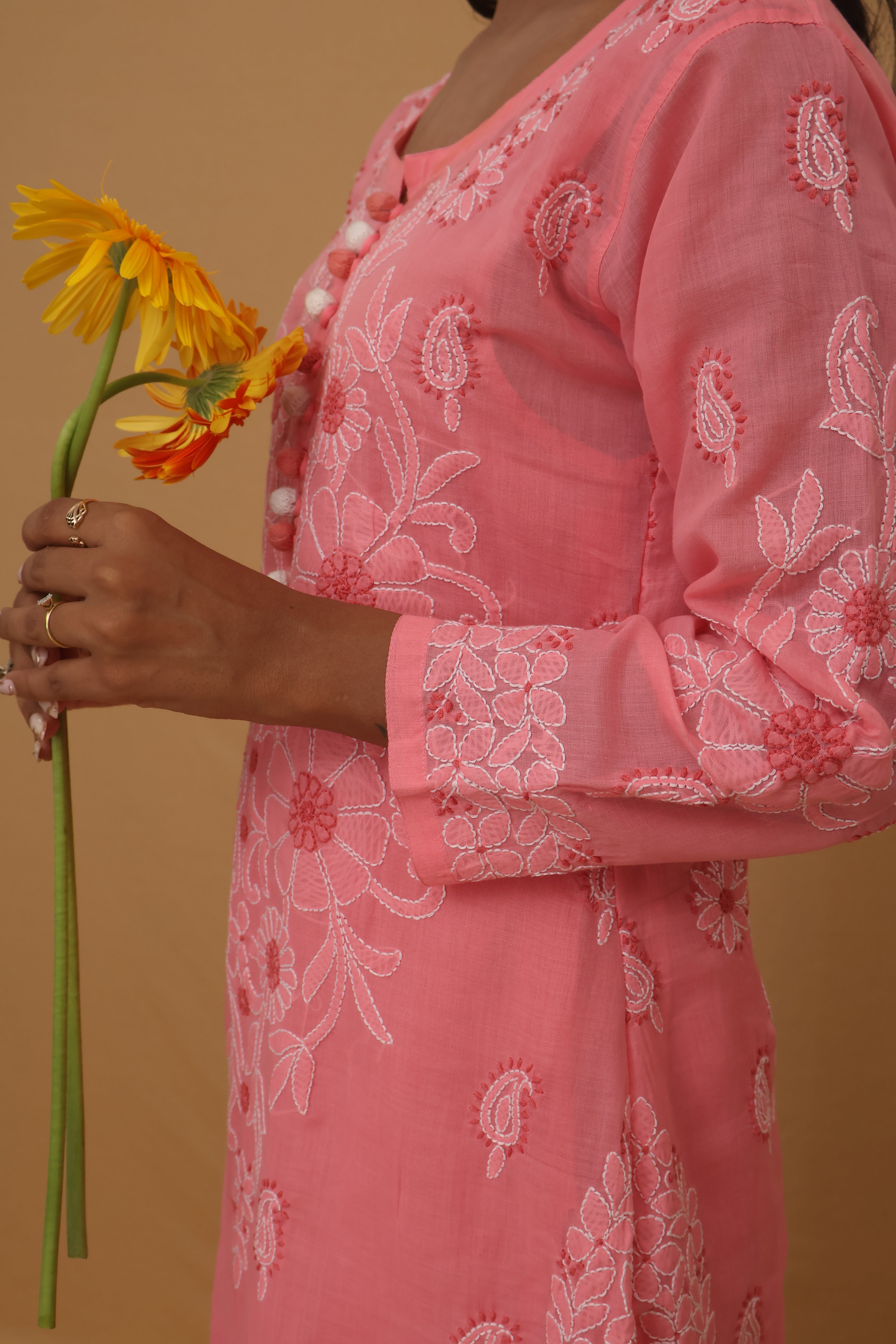 Pink Cotton Kurti with Buttons 3 Piece Set
