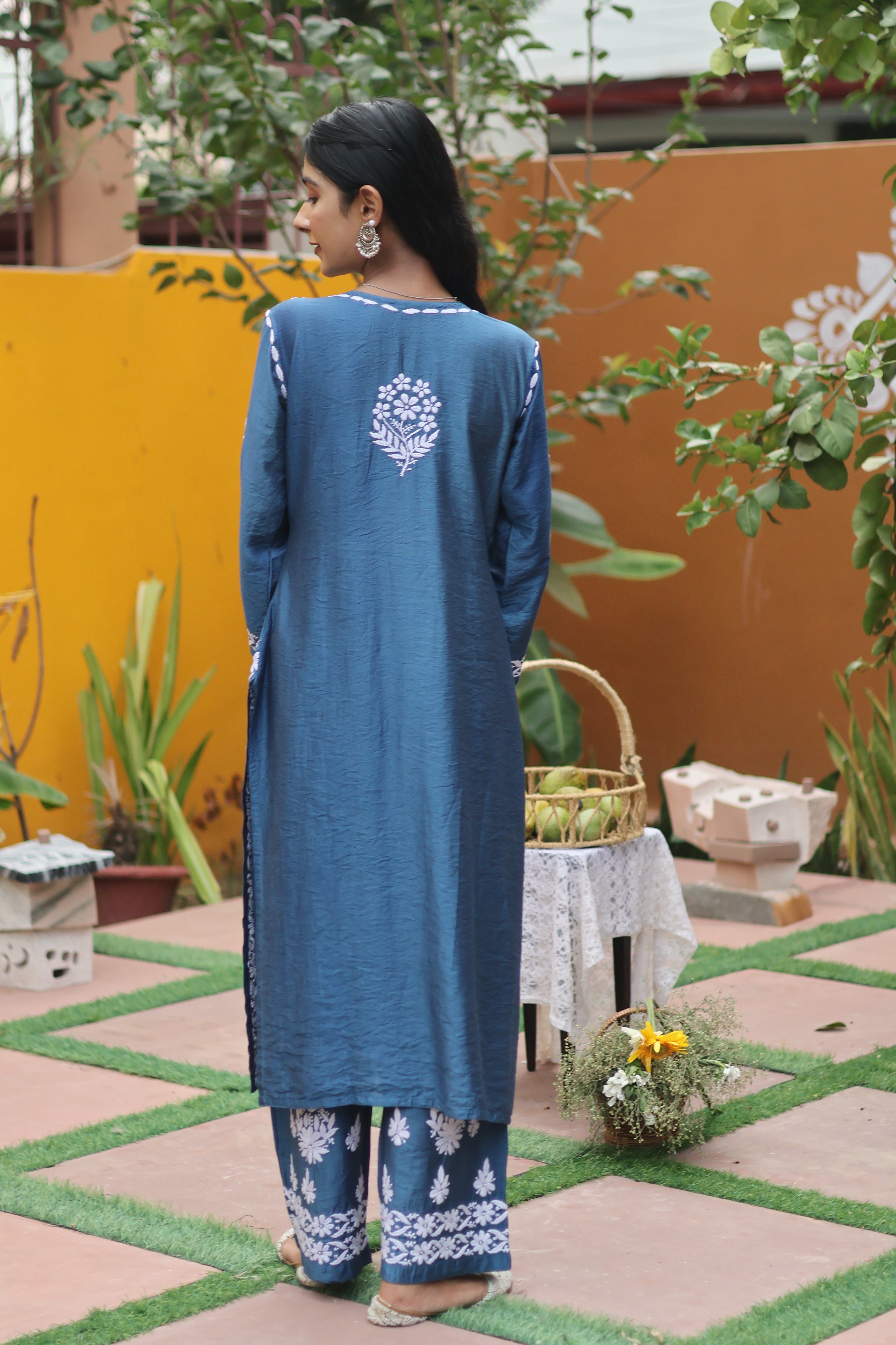 Blue Chanderi White Thread Ghaaspatti 3 Piece Set