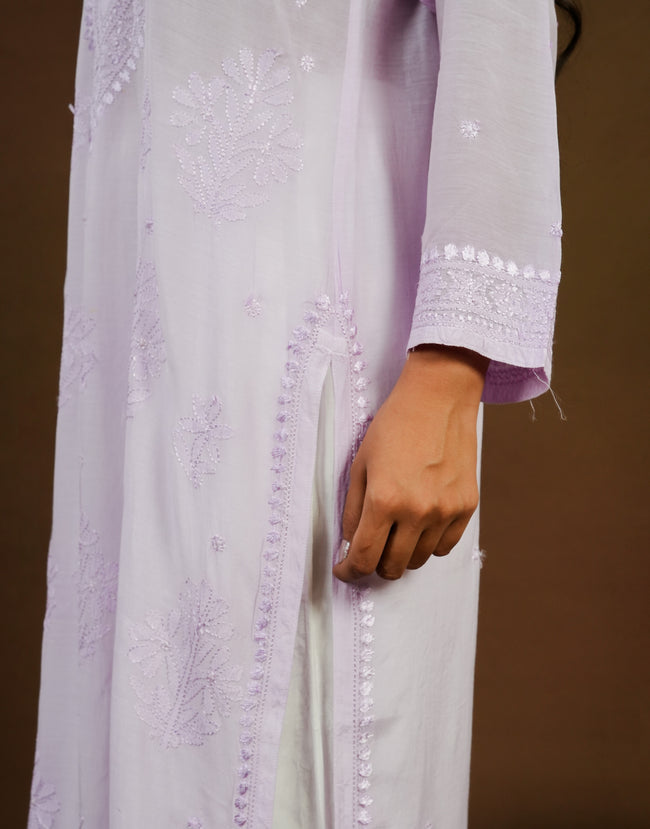 Urviya Chikankari Muslin Long Kurti - Ghaspatti Gala Bakhiya Boota Purple