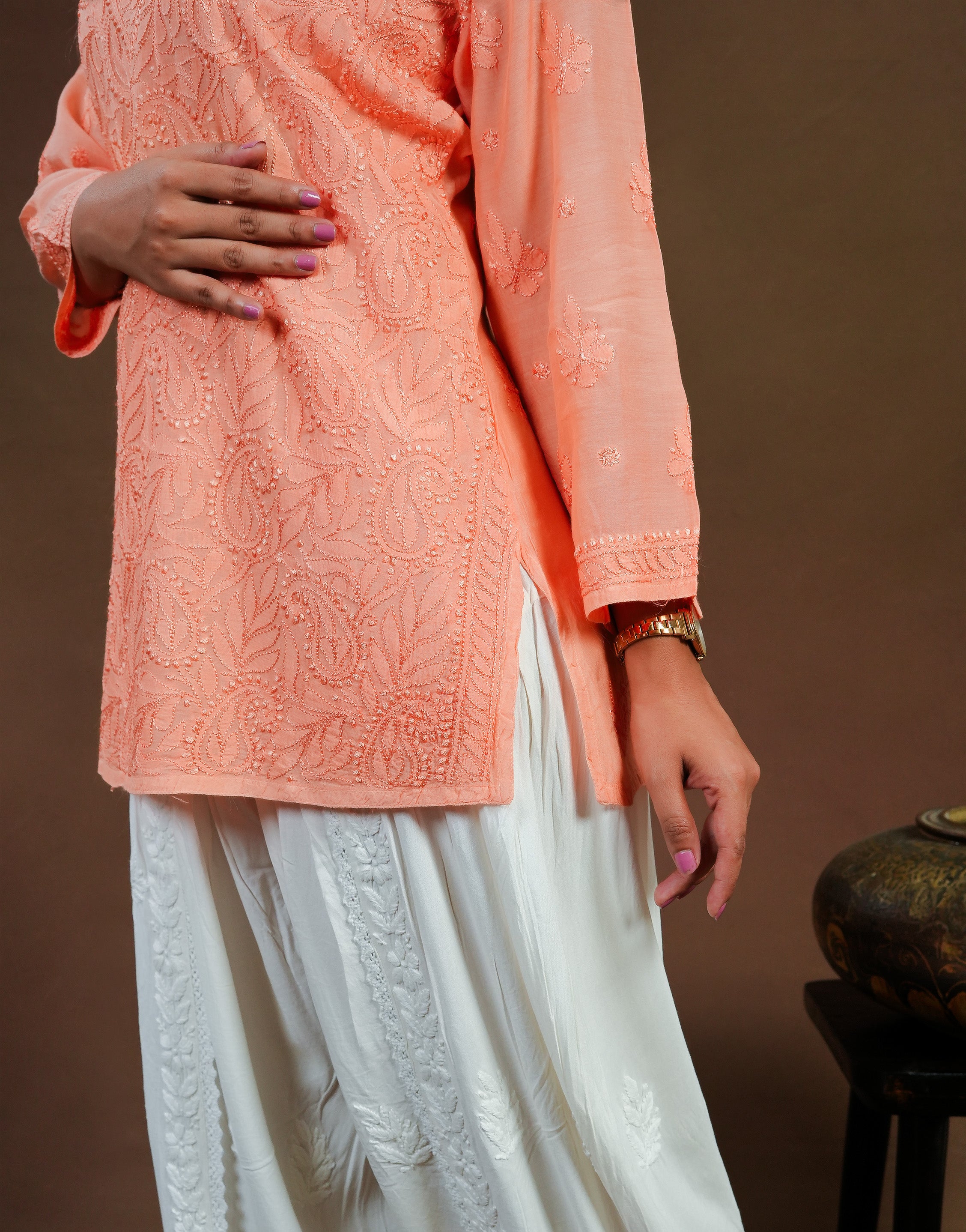 Chikankari Muslin Short Kurti Full Jaal - Peach