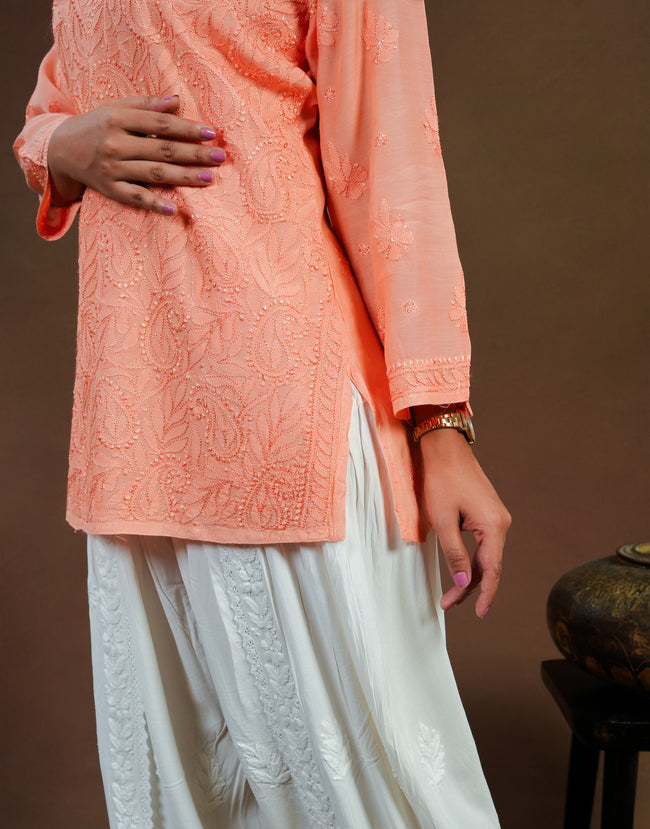 Urviya Chikankari Muslin Short Kurti - Silk Thread Full Jaal Work Peach