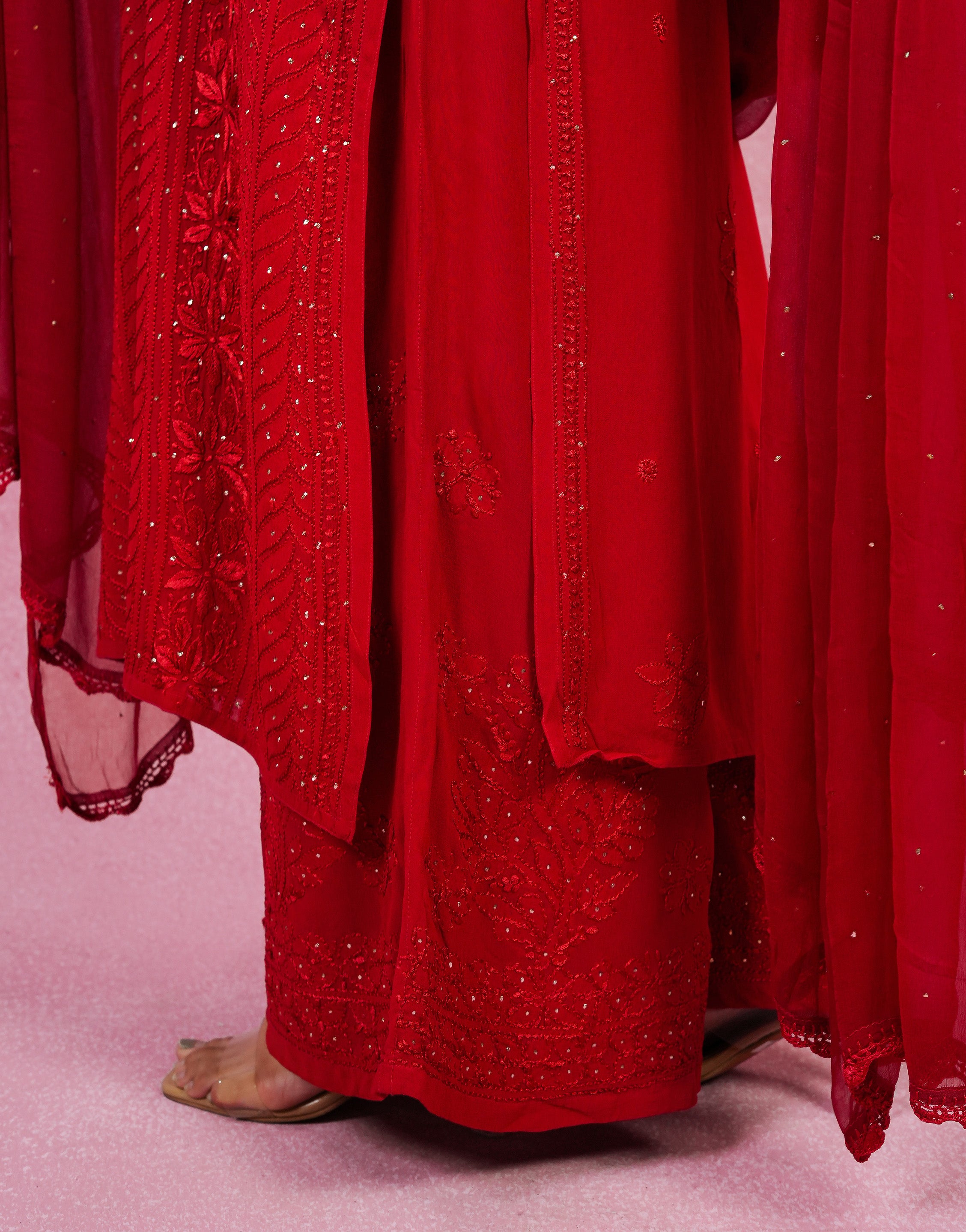 Urviya Red Viscose Georgette Chikankari Kurta Set with Mukaish Work (3 pc)