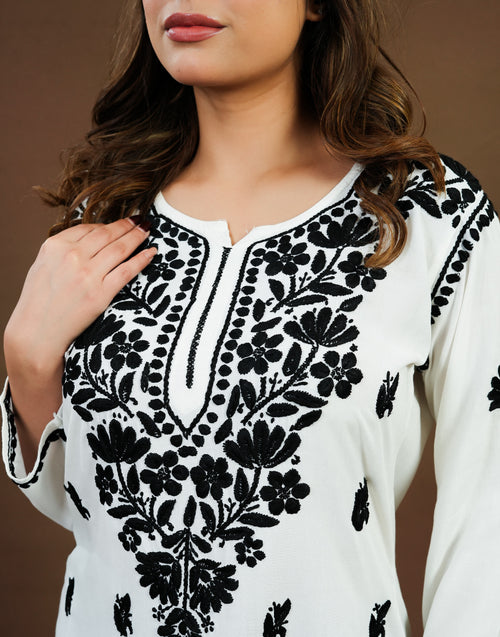 Urviya Chikankari Rayon Short Kurti White
