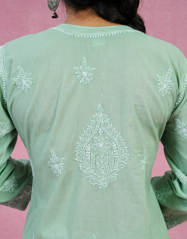 Urviya Chikankari Cotton Long Kurti Full Jaal Work Dark Green