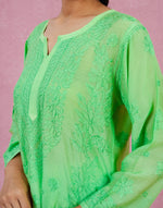 Urviya Chikankari Muslin Long Kurti - Bakhiya Gala Boota Light Green