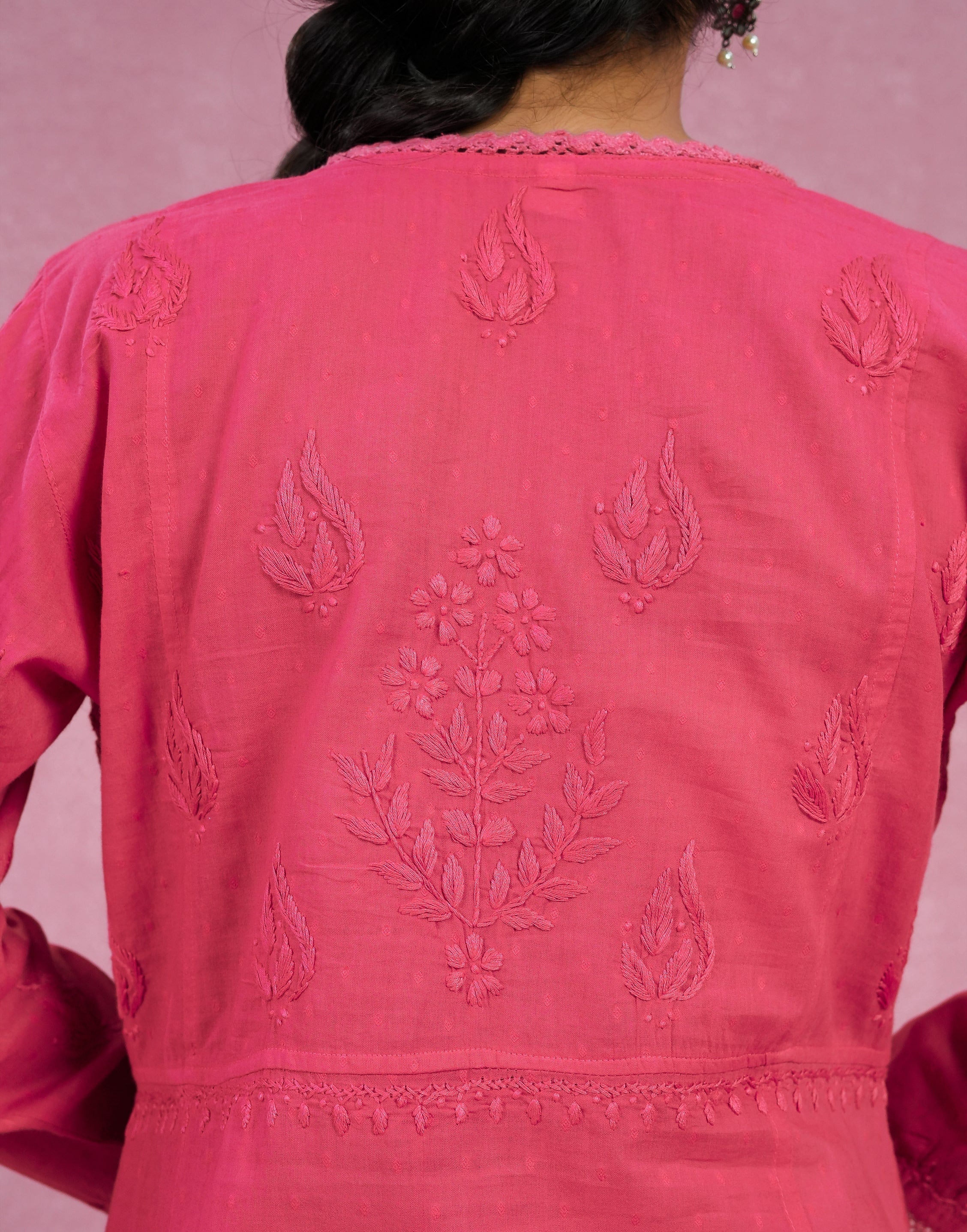 Urviya Chikankari Dobbie Cotton Long Kurti Angarkha Style Pink