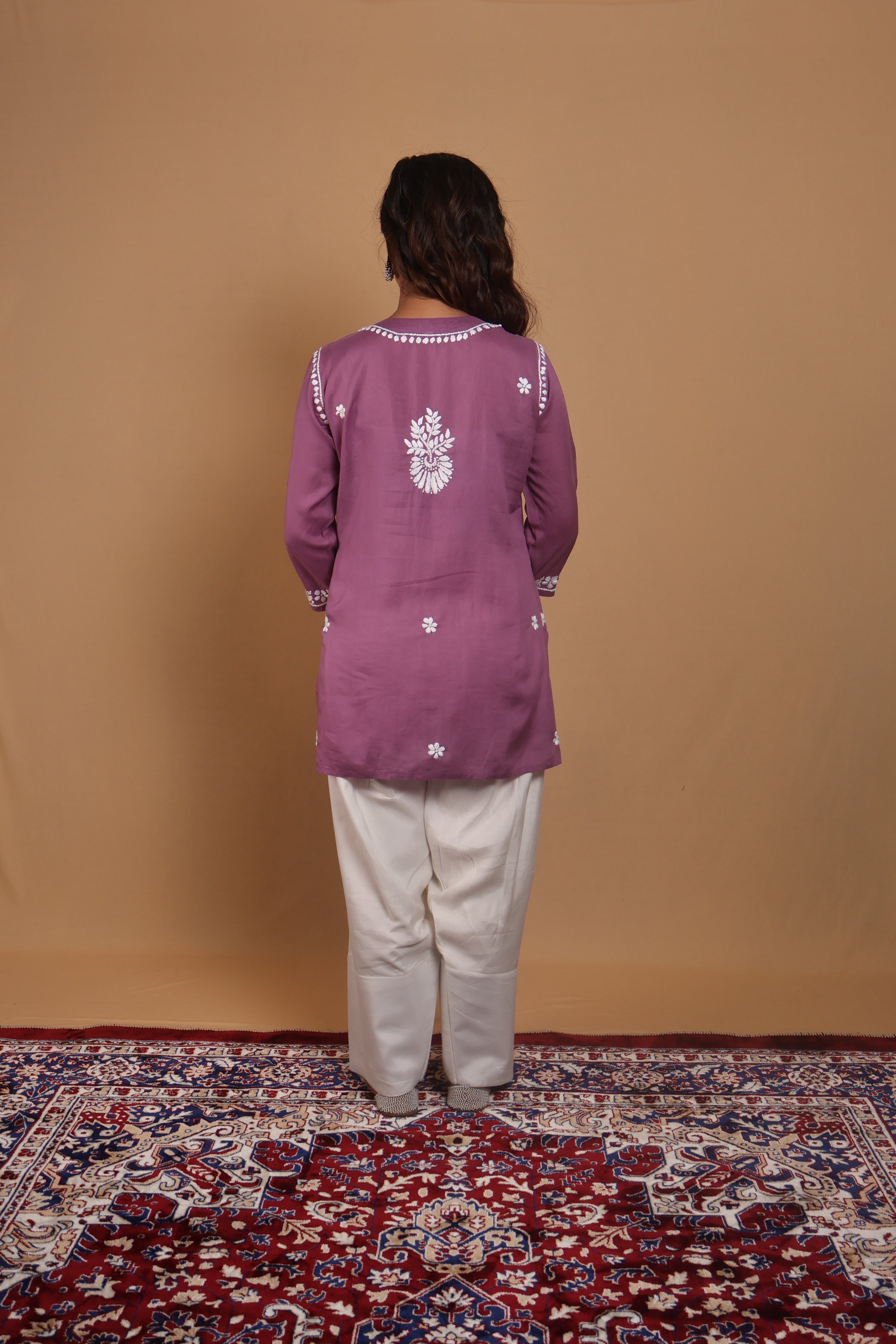 Purple Rayon Short Kurta Gala Boota