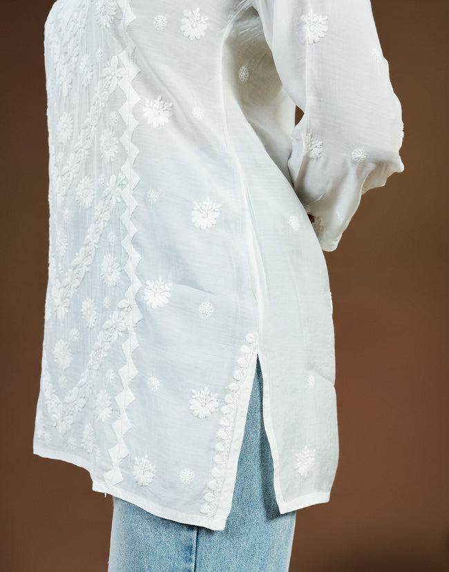 Urviya  Chikankari Muslin Short Kurti – Daraj Work White