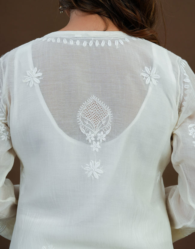 Urviya Chikankari Mul Chanderi Long Kurti – Nyra Cut with Jaali Boota White