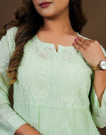 Urviya Chikankari Mul Chanderi Long Kurti – Nyra Cut with Jaali Boota Green