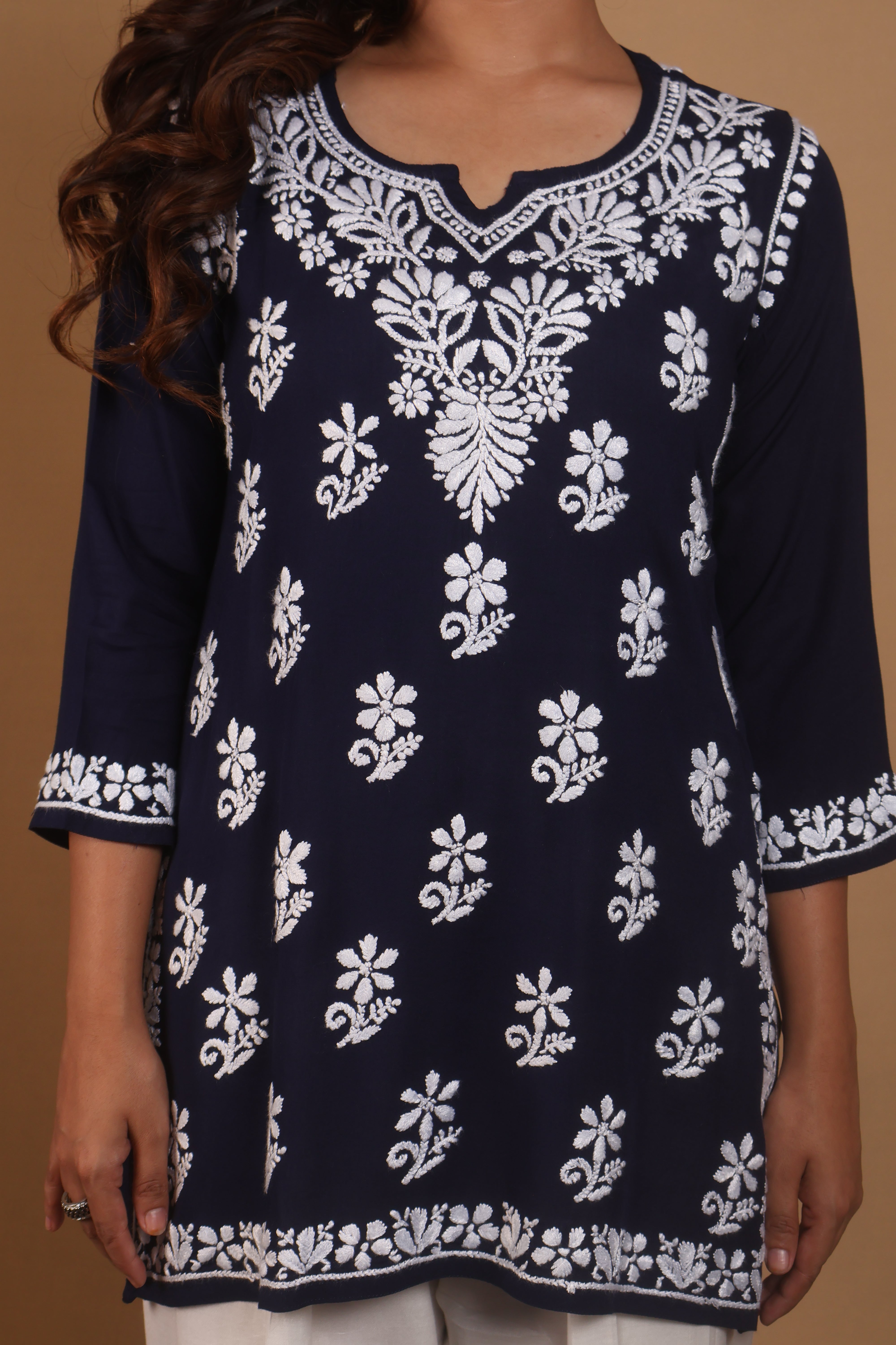 Navy Blue Rayon Short Kurta Gala Boota