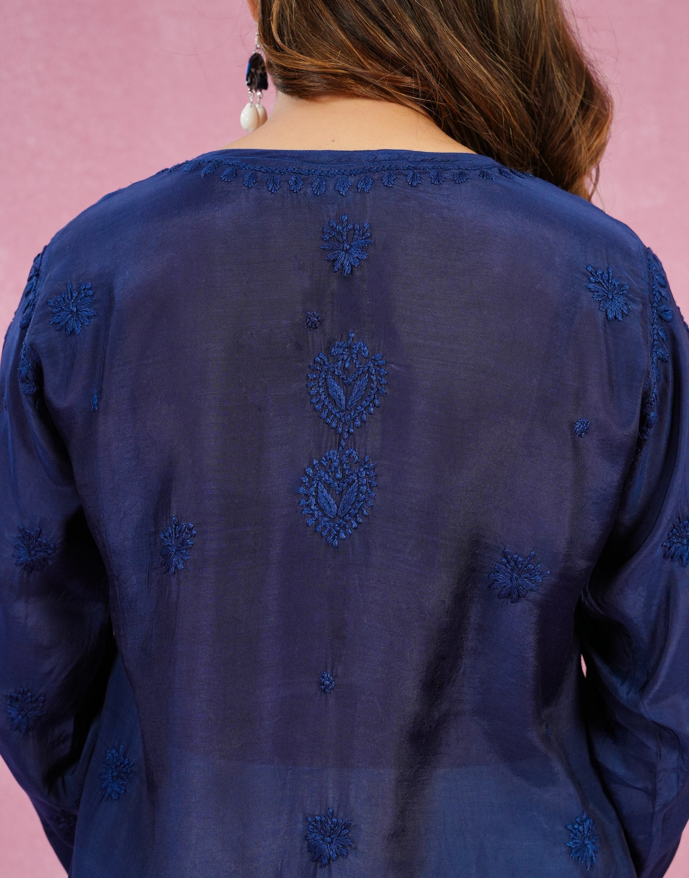 Dark Blue Muslin Chikankari Short Kurti with Daraj Work