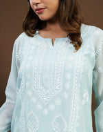 Urviya Chikankari Mul Chanderi Long Kurti – Straight Cut with Jaali Boota Light Blue