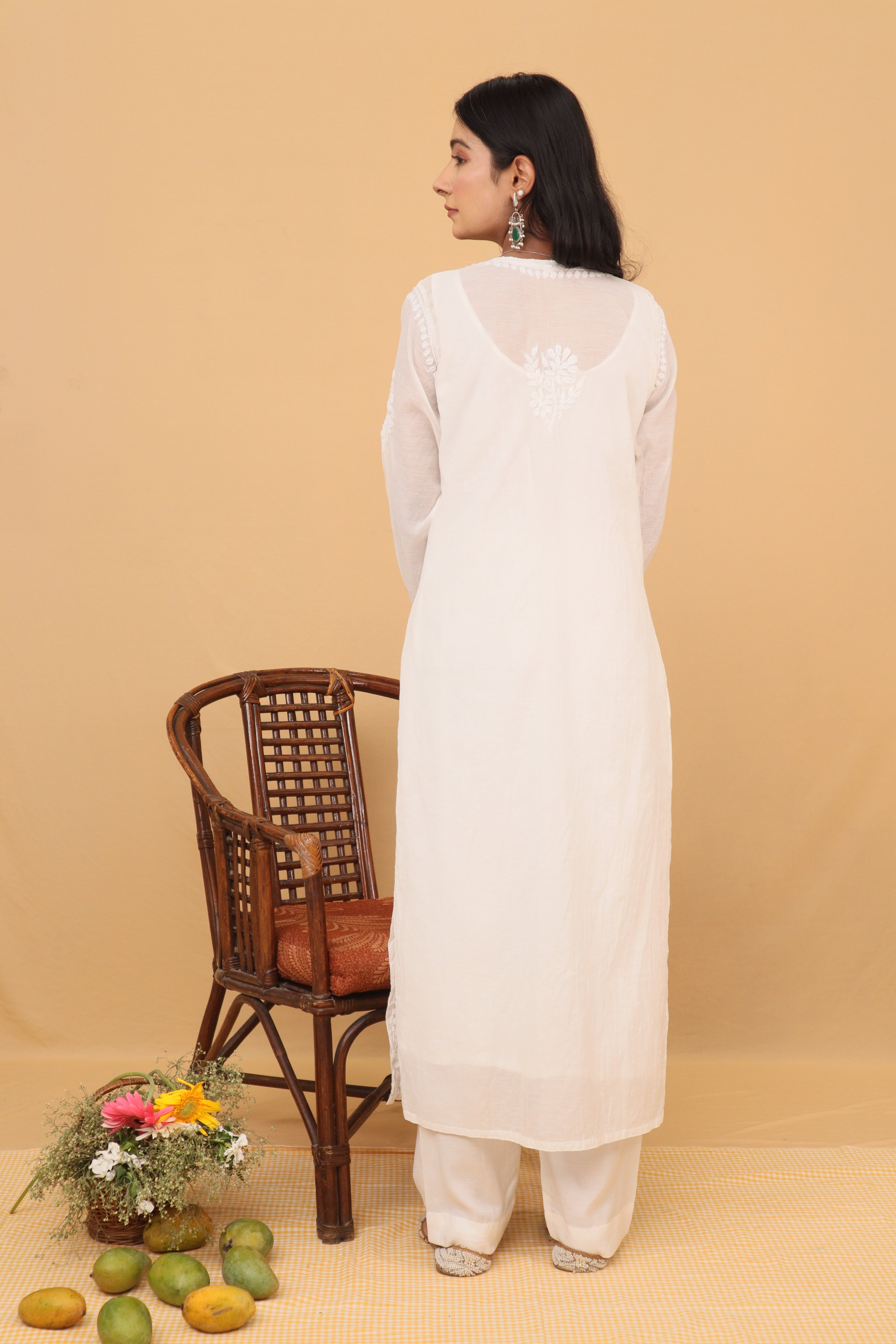 White Mul Chanderi Long Kurti 2 Piece Set