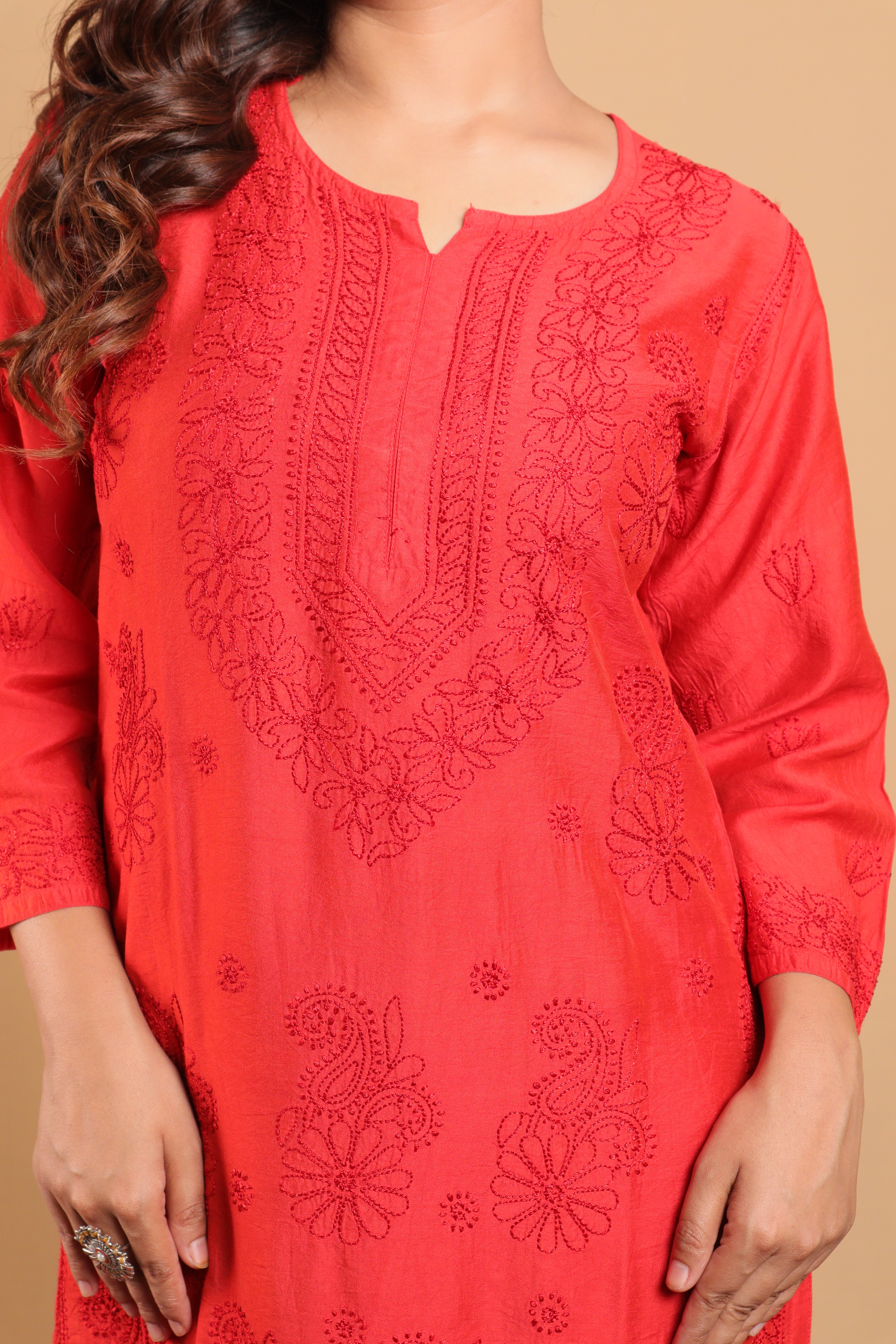 Red Chanderi Long Kurti 3 Piece Set