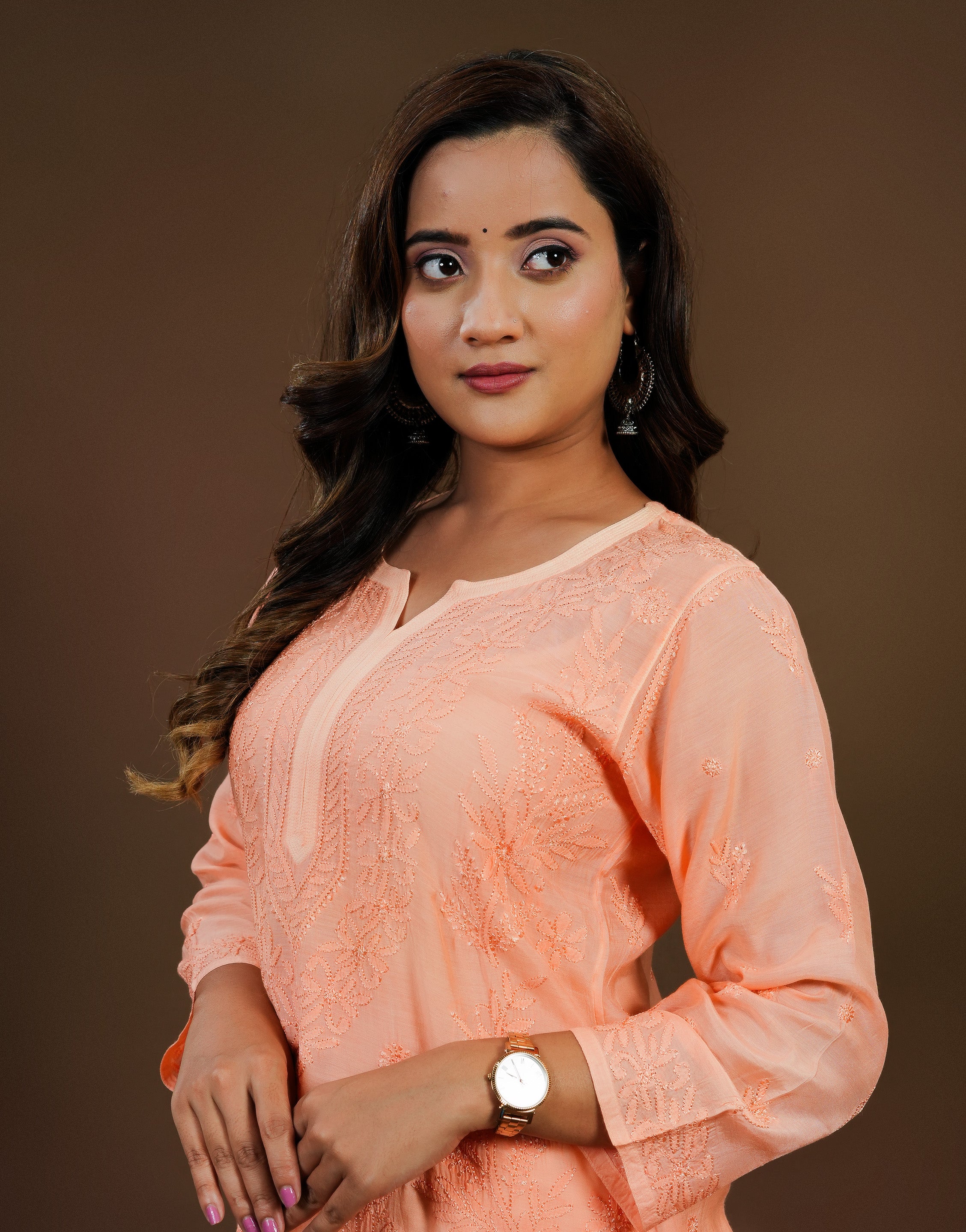 Urviya Chikankari Muslin Long Kurti - Bakhiya Gala Boota Peach