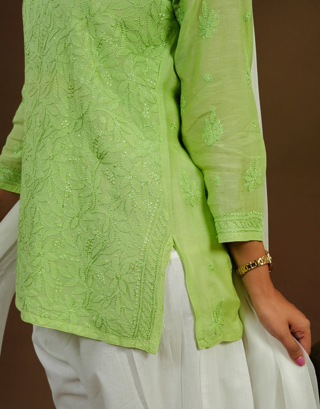 Urviya Chikankari Muslin Short Kurti - Silk Thread Full Jaal Work Green