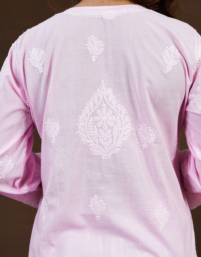 Urviya Chikankari Mul Cotton Long Kurti - Full Jaal Pink
