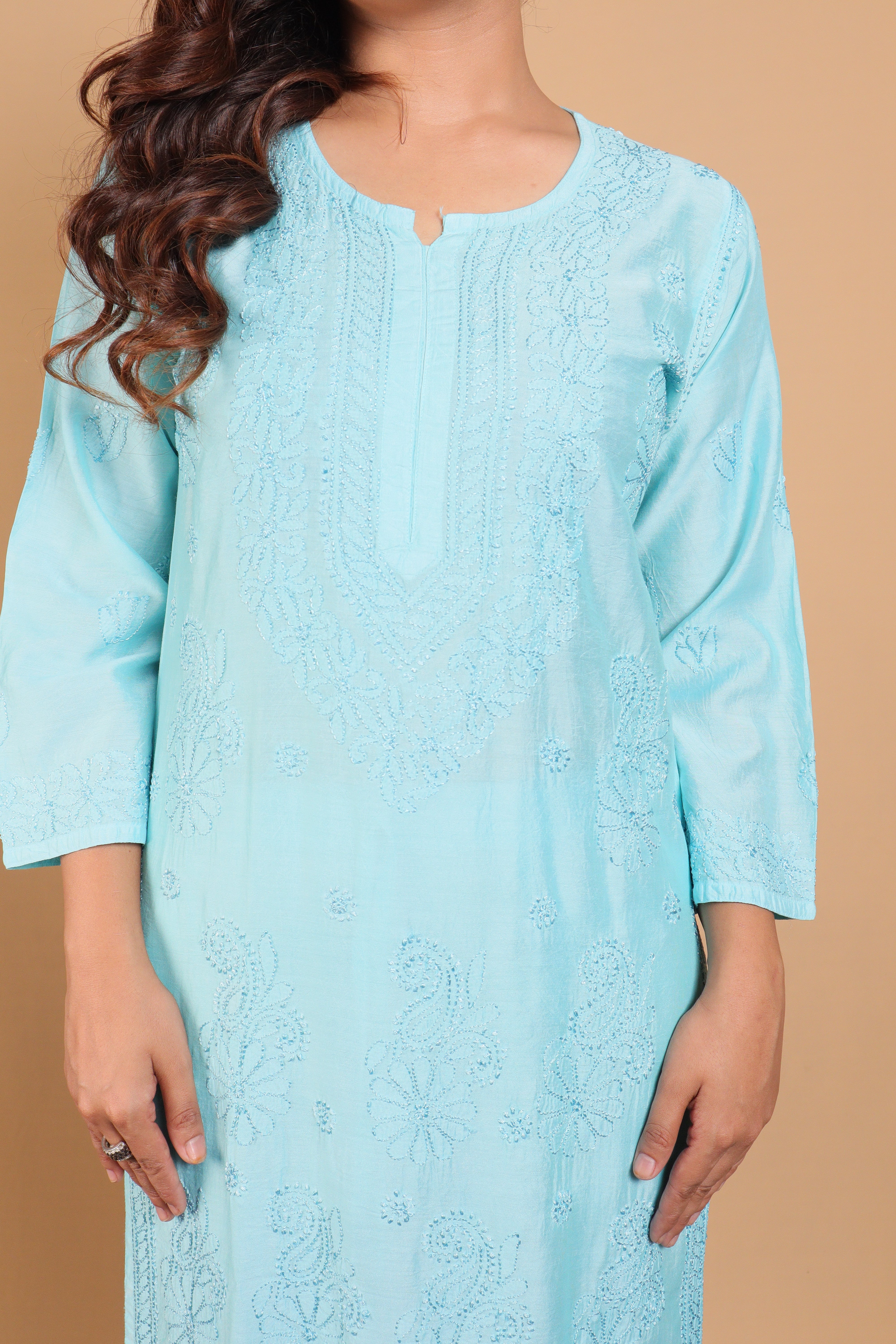 Sea Green Chanderi Long Kurti 2 Piece Set