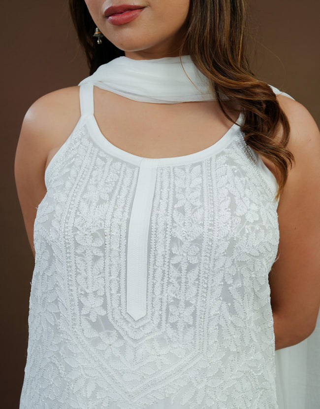 Urviya Chikankari Georgette 3 piece set - Long Spaghetti White