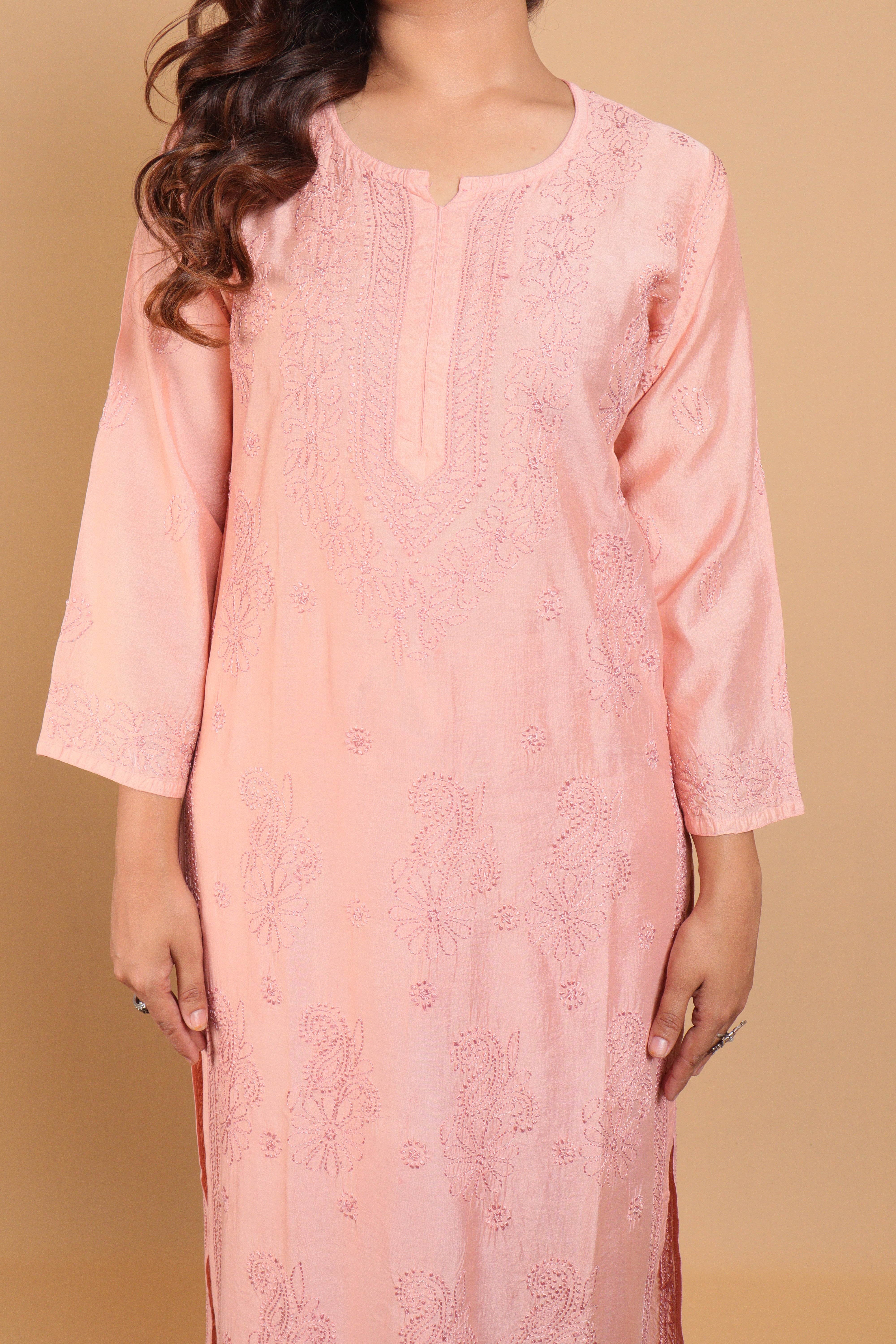 Peach Chanderi Long Kurti 2 Piece Set