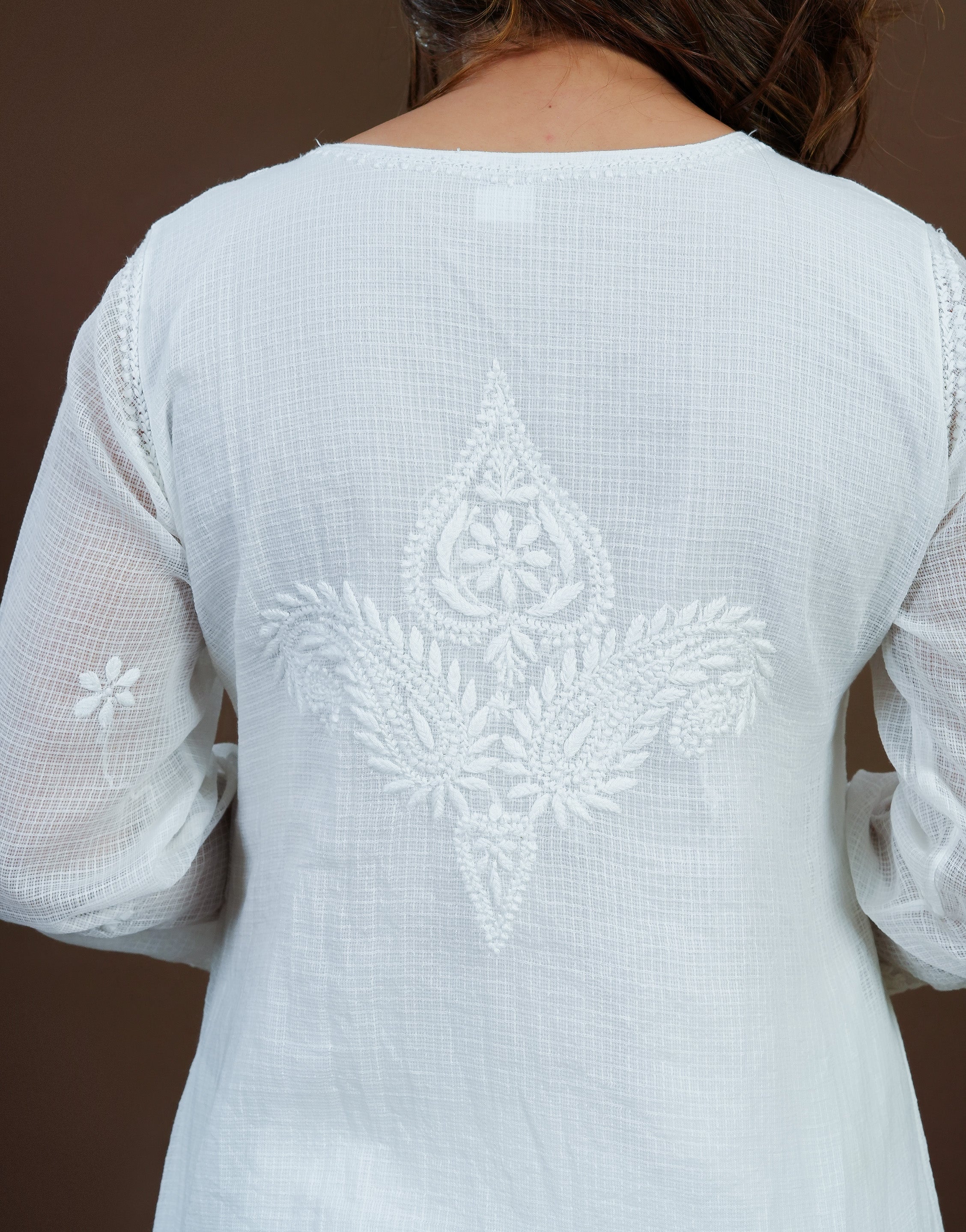 Urviya Chikankari Kota Doria Long Kurti - Shrug Style White