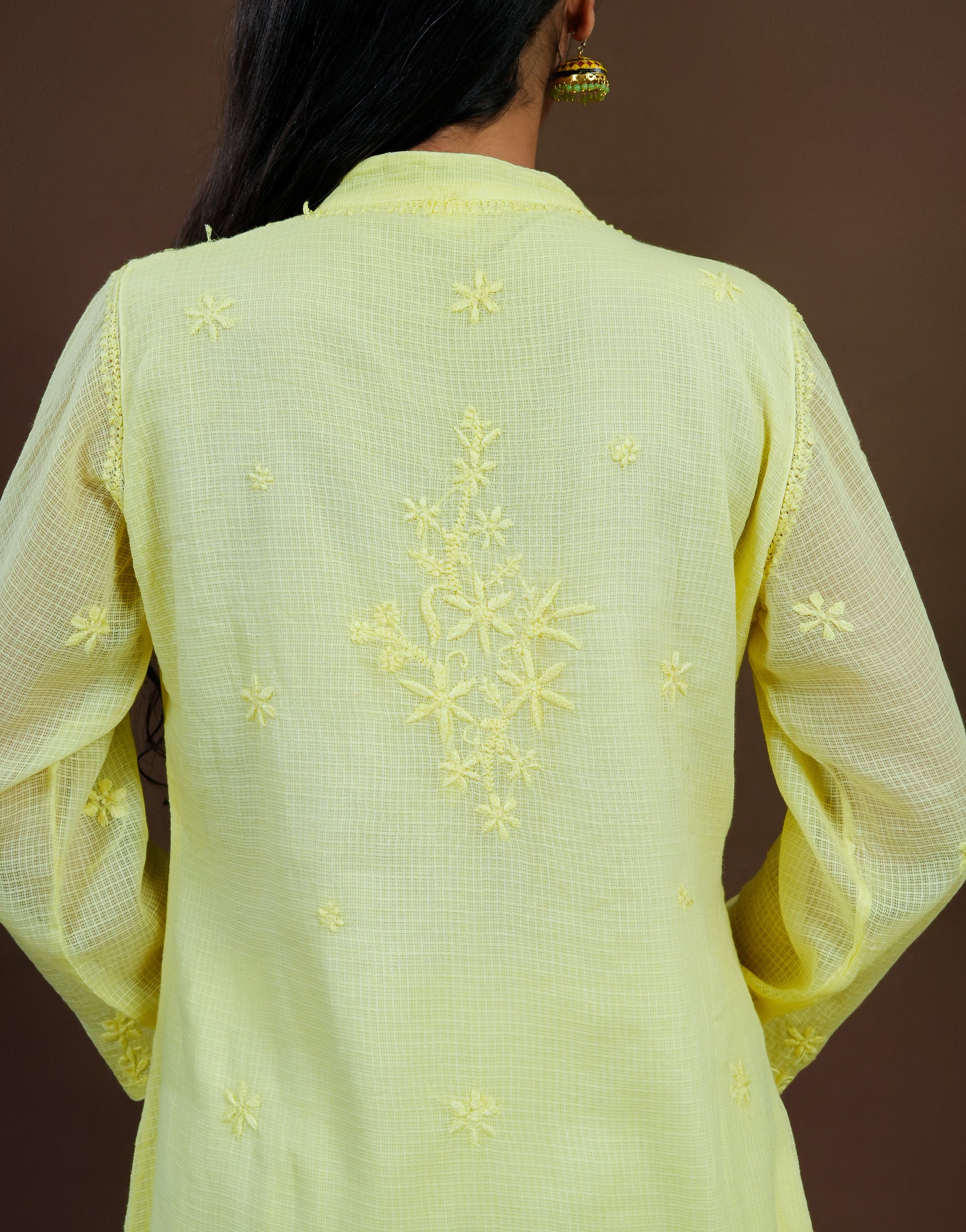 Urviya Chikankari Kota Doria Long Kurti - Side Button Yellow