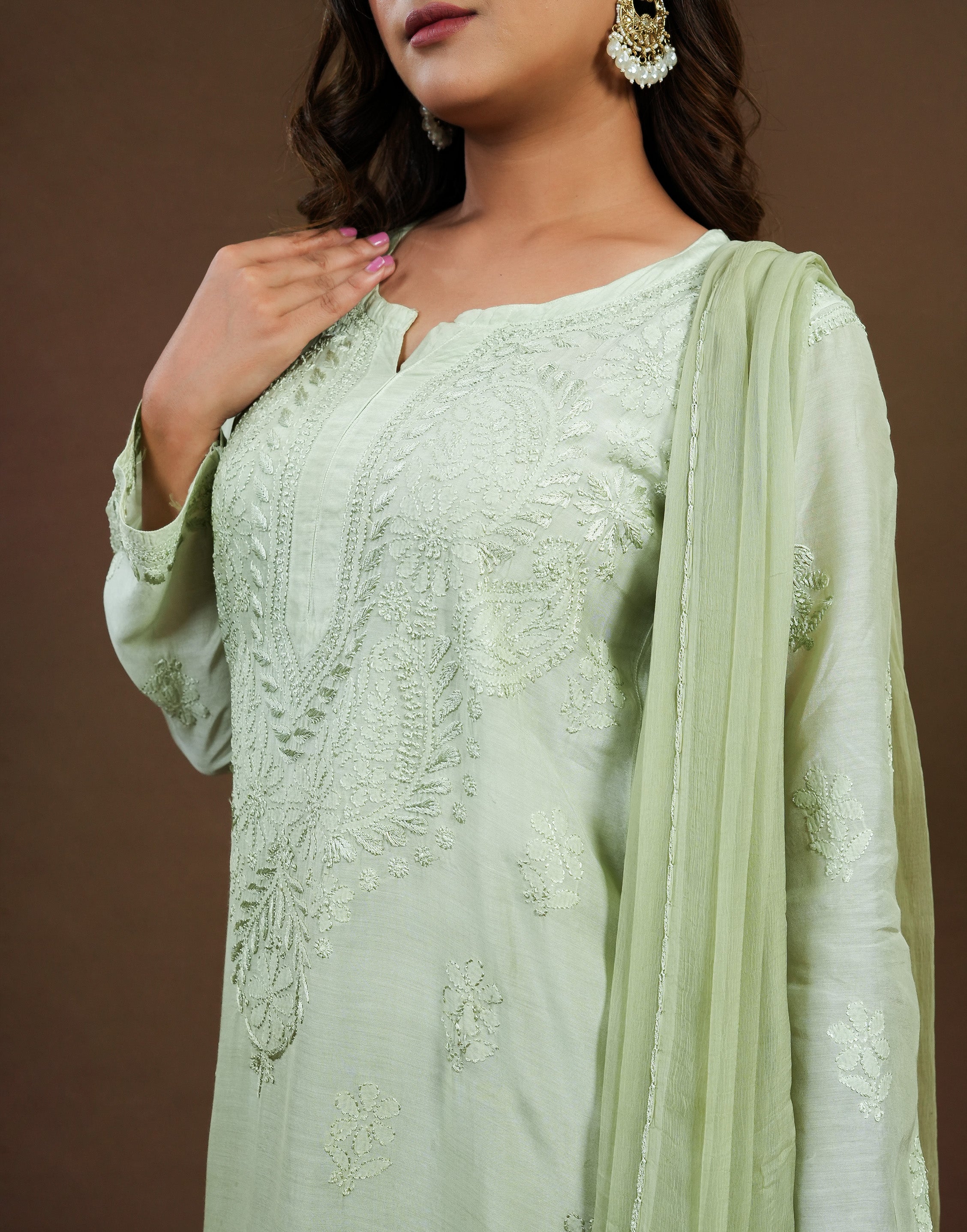 Urviya Chikankari Muslin 3 piece set - Bakhiya Ghaaspatti Work and Gala Boota Green